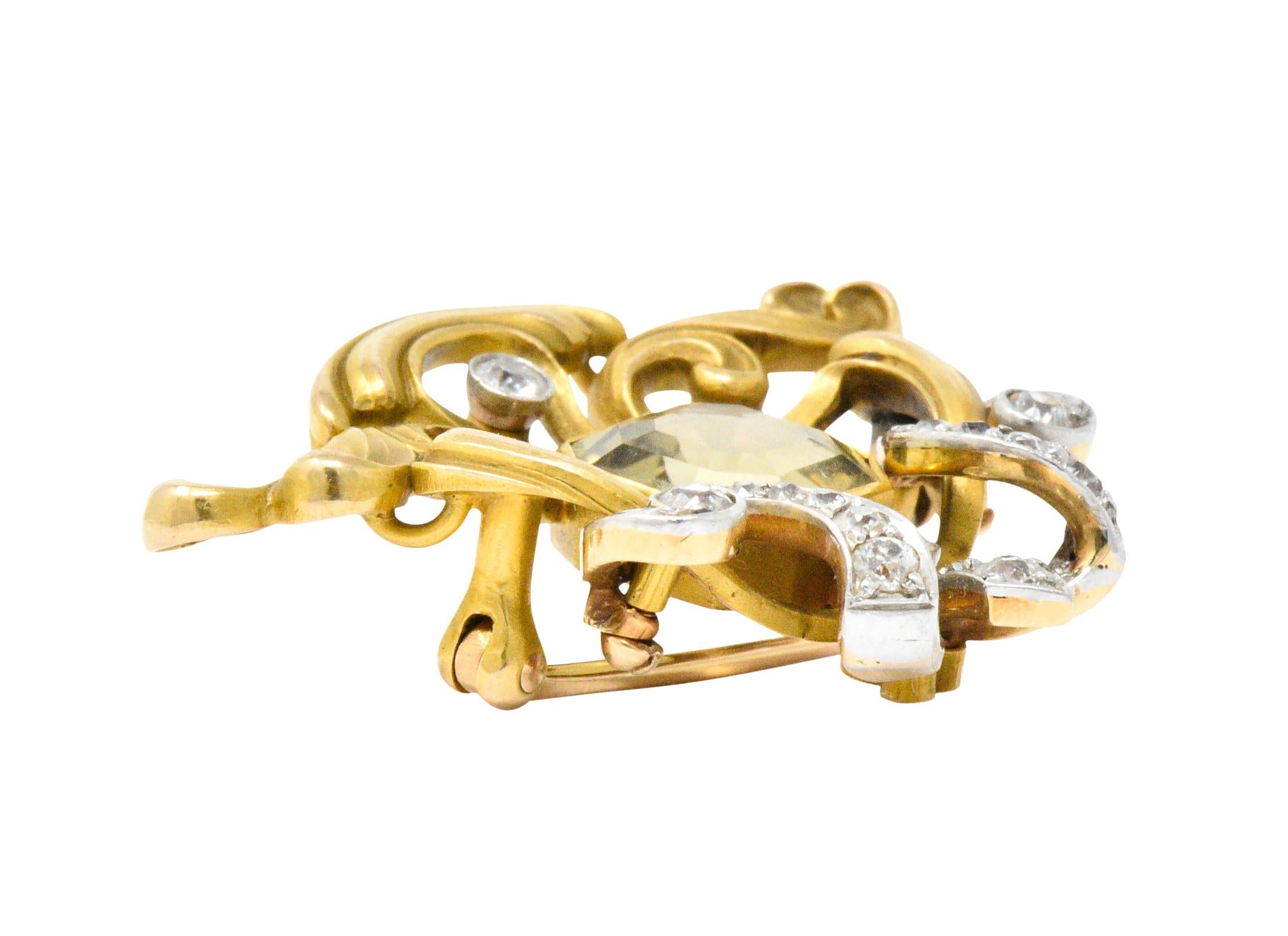 Art Nouveau 2.85 Carat Heliodor Diamond Platinum 14 Karat Gold Brooch 2