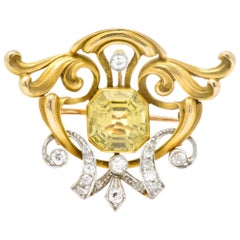 Art Nouveau 2.85 Carat Heliodor Diamond Platinum 14 Karat Gold Brooch