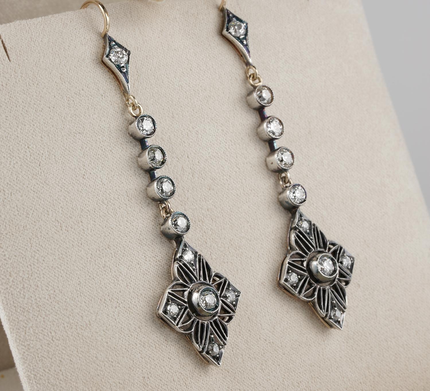  Art Nouveau 2.90 Carat Diamond Long Drop Earrings, circa 1900 In Good Condition For Sale In Napoli, IT