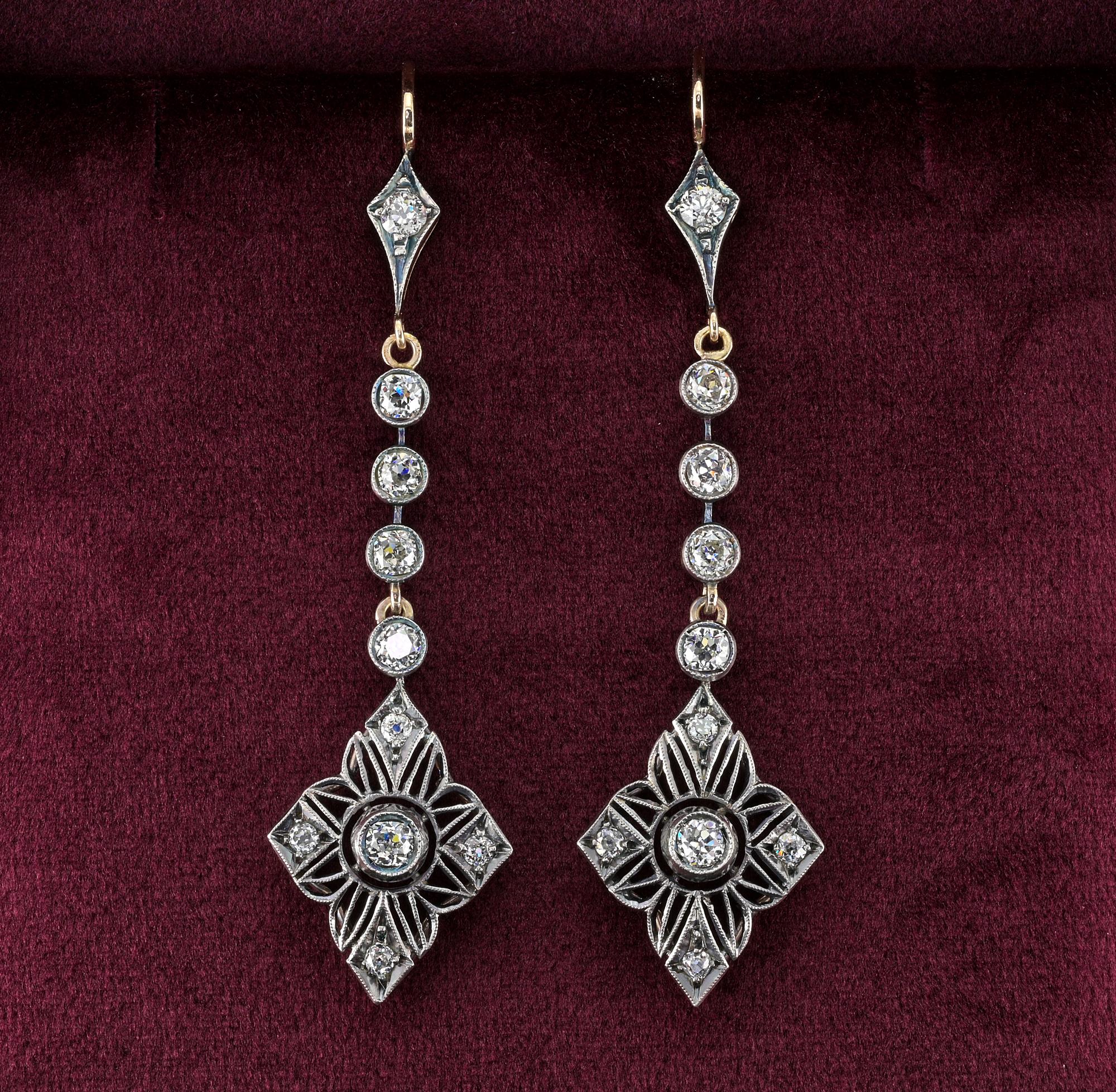 This outstanding pair of long drop earrings are 1900 ca
Beautifully hand crafted of solid 18 KT gold and silver portions
Long Diamond line leading to the main drop of naturalistic shape
Holding 2.90 Ct of antique Diamonds in total, all old mine cut