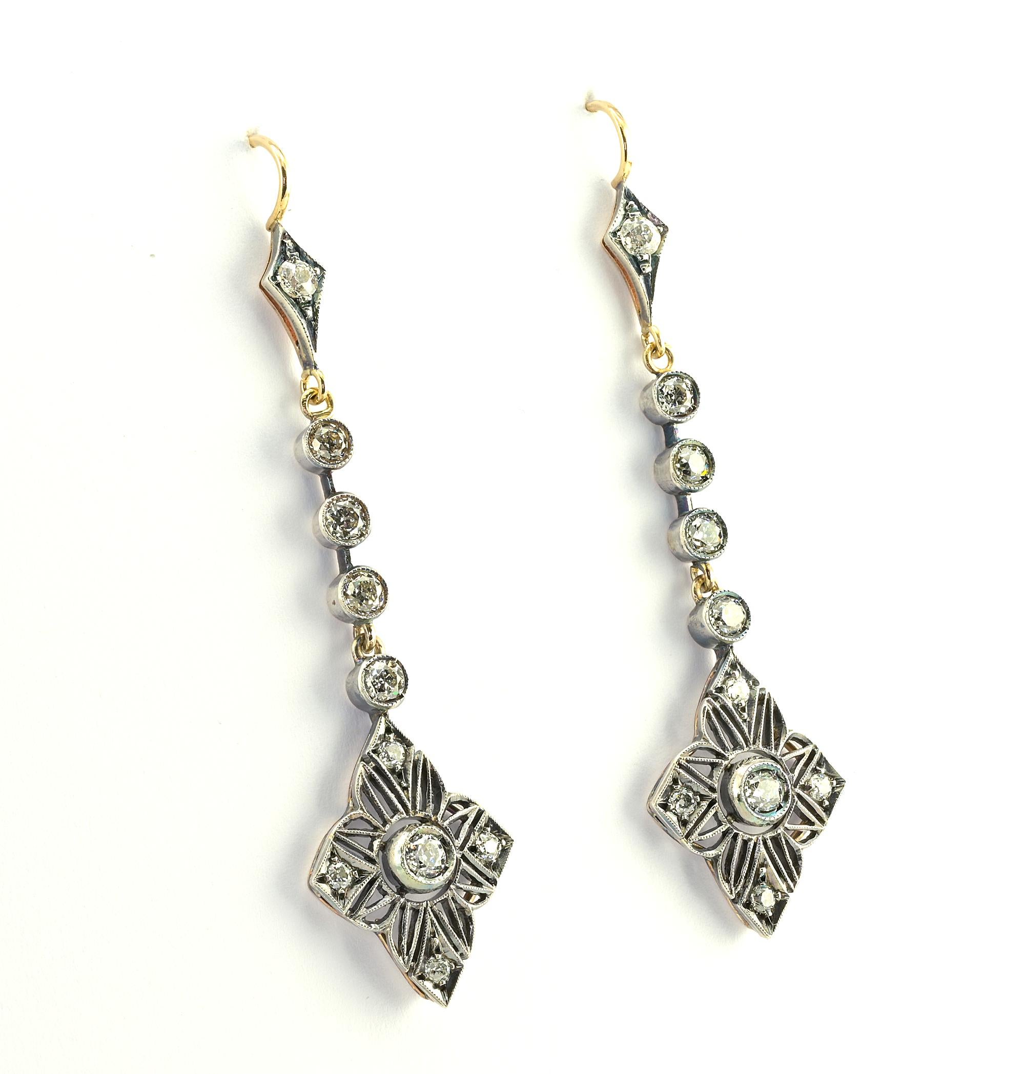 Old Mine Cut Art Nouveau 2.90 Ct Diamond Drop Earrings 18 KT Silver For Sale