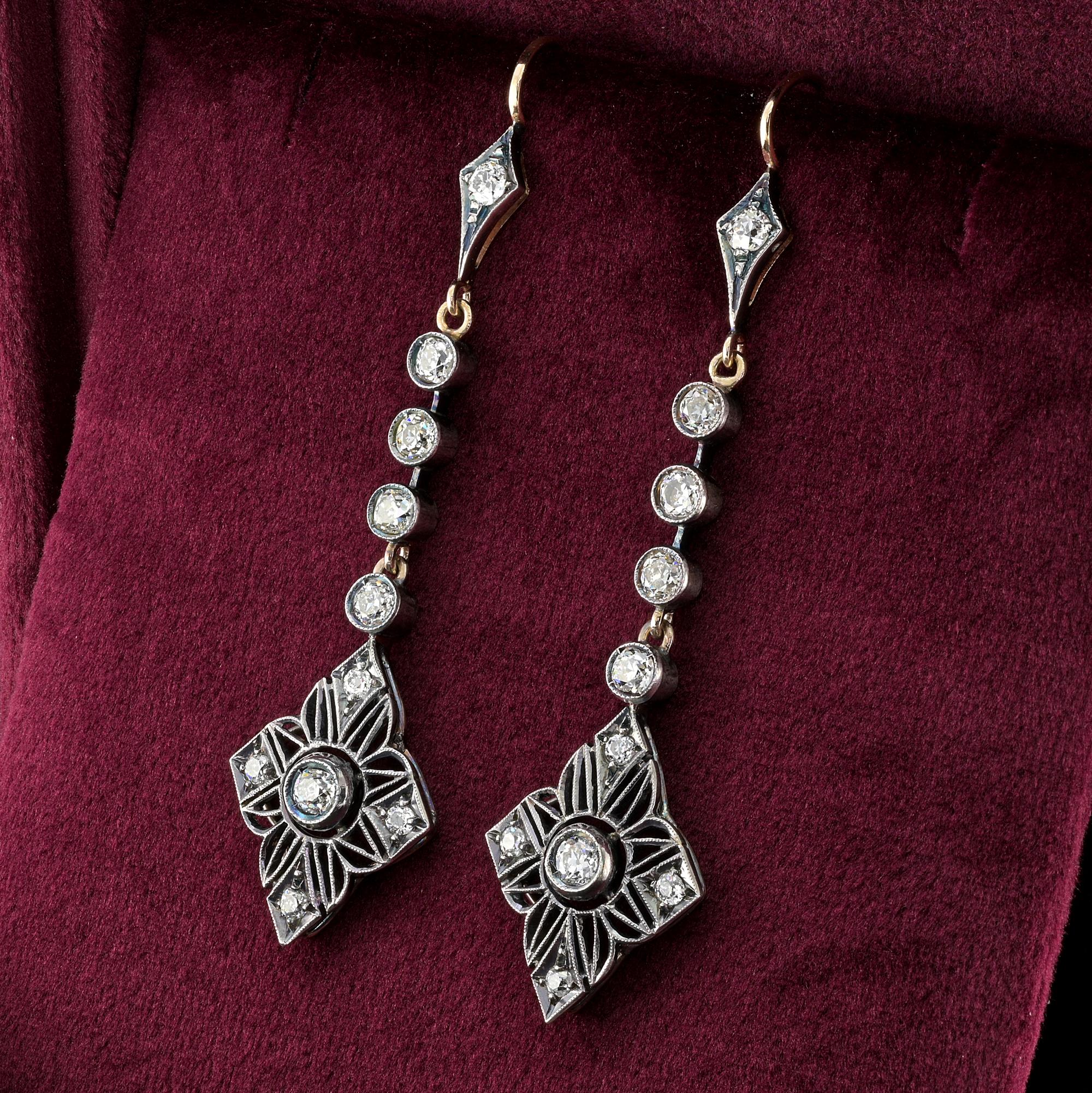 Art Nouveau 2.90 Ct Diamond Drop Earrings 18 KT Silver For Sale 1
