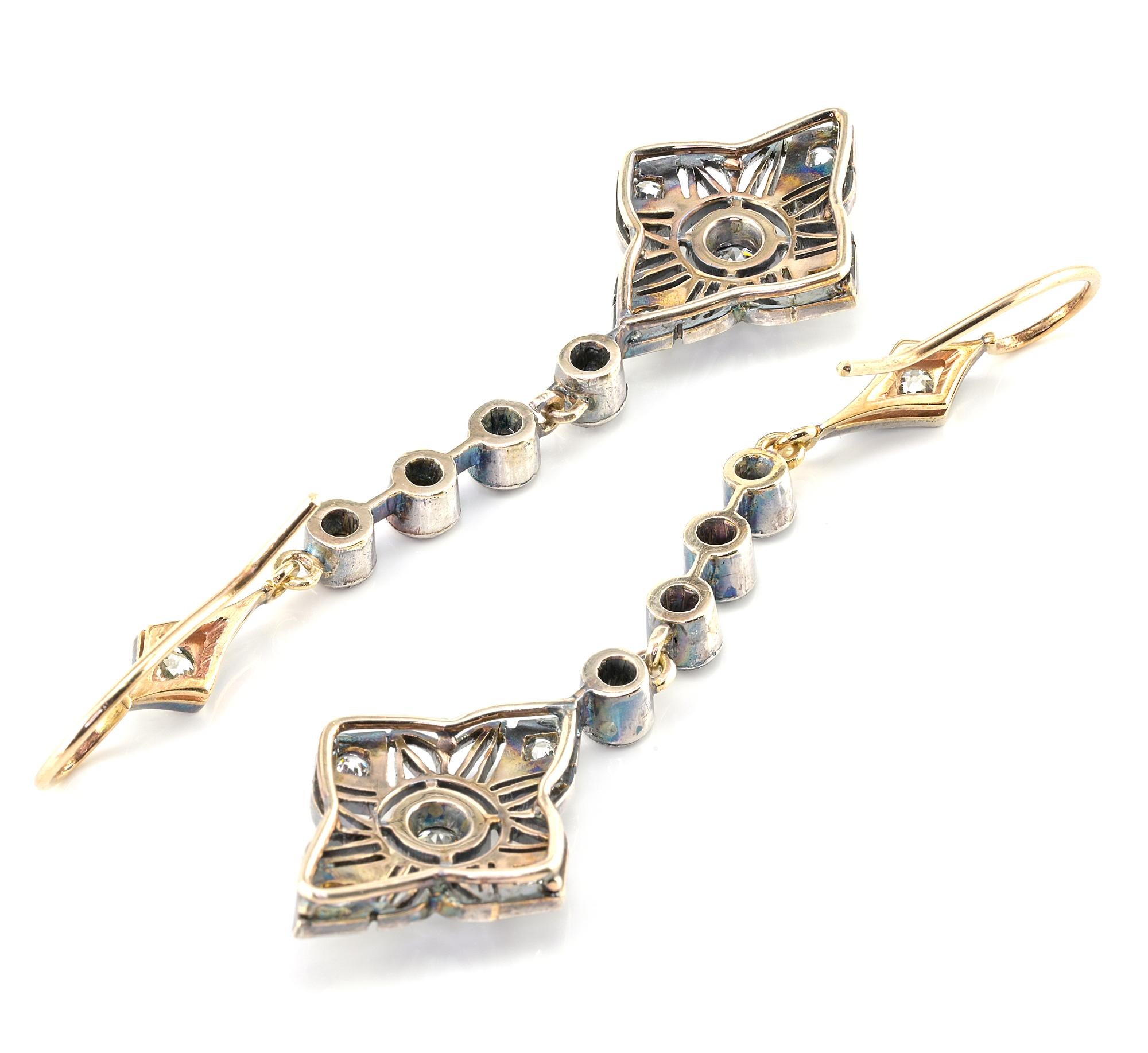 Art Nouveau 2.90 Ct Diamond Drop Earrings 18 KT Silver For Sale 2