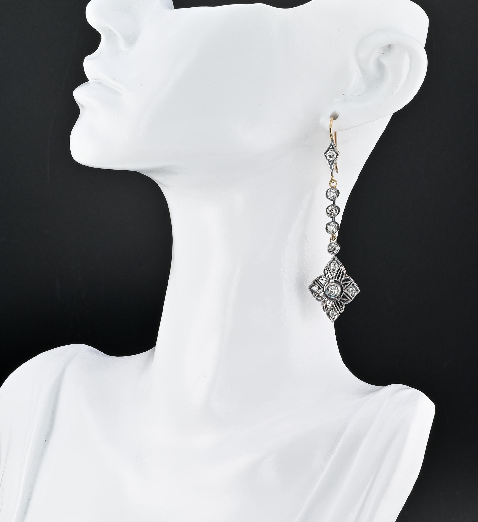 Art Nouveau 2.90 Ct Diamond Drop Earrings 18 KT Silver For Sale 3