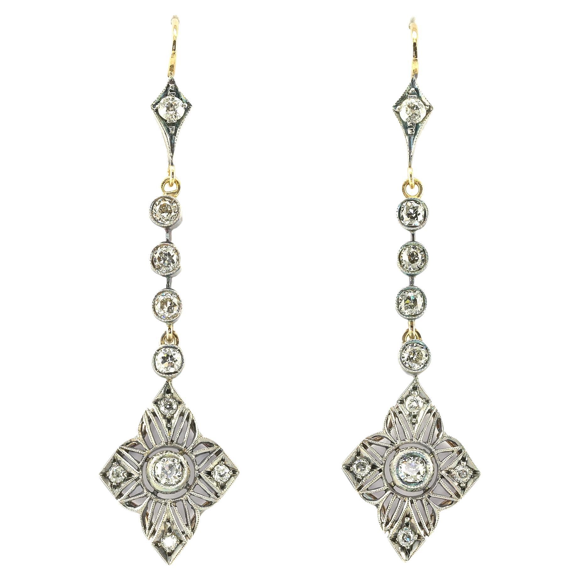 Art Nouveau 2.90 Ct Diamond Drop Earrings 18 KT Silver For Sale