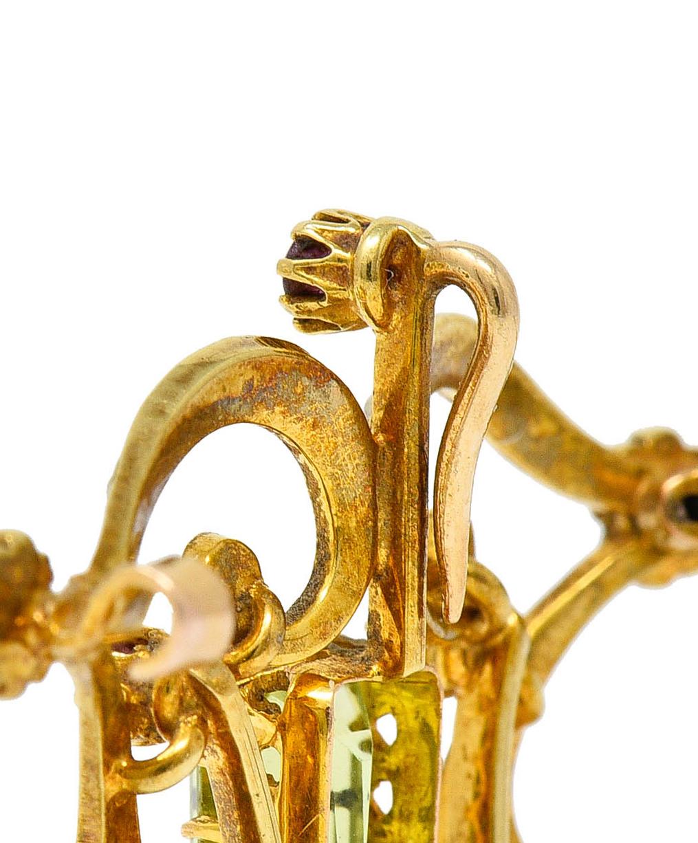 Women's or Men's Art Nouveau 2.95 Carats Peridot Ruby Pearl 15 Karat Gold Pendant Brooch