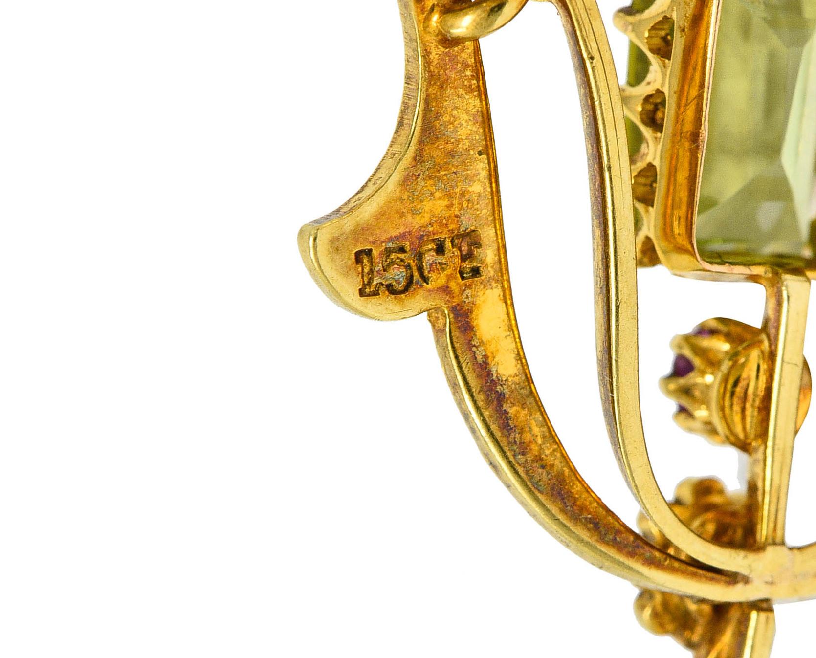Art Nouveau 2.95 Carats Peridot Ruby Pearl 15 Karat Gold Pendant Brooch 1