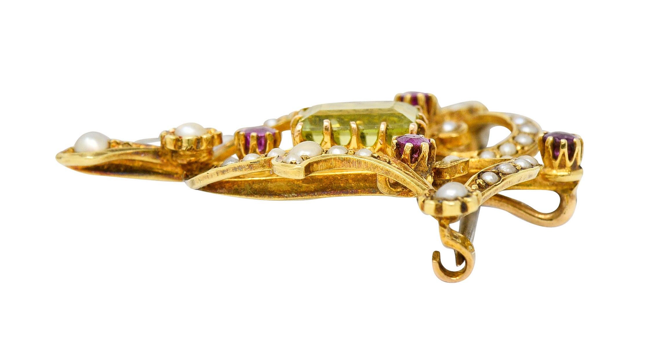 Art Nouveau 2.95 Carats Peridot Ruby Pearl 15 Karat Gold Pendant Brooch 2