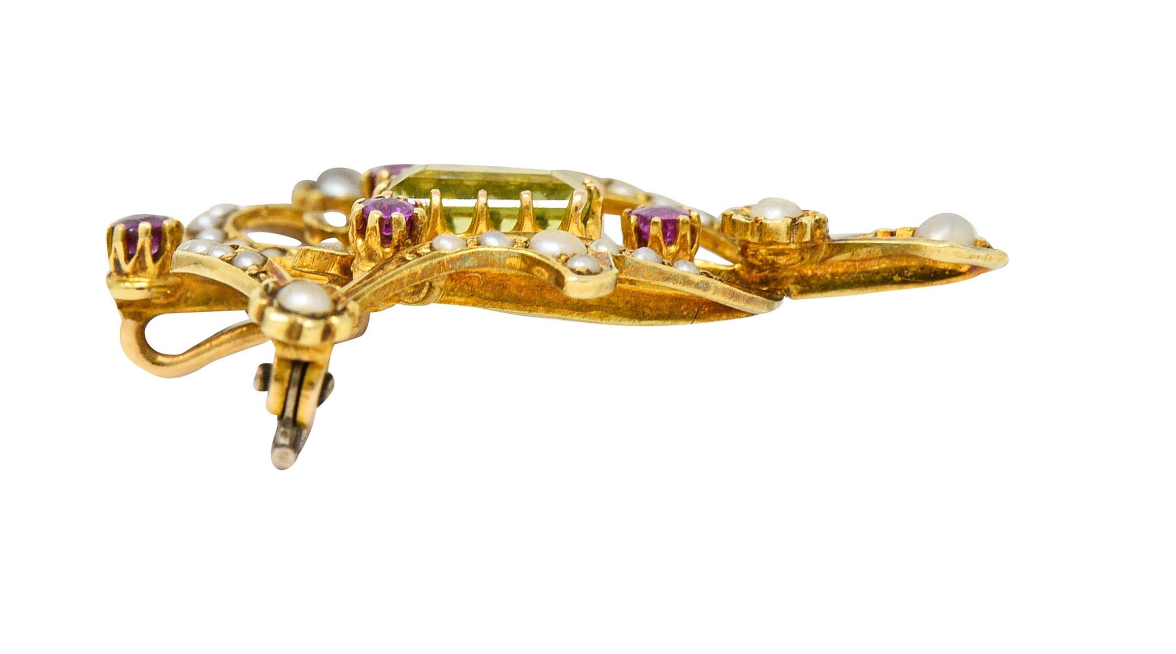 Art Nouveau 2.95 Carats Peridot Ruby Pearl 15 Karat Gold Pendant Brooch 3