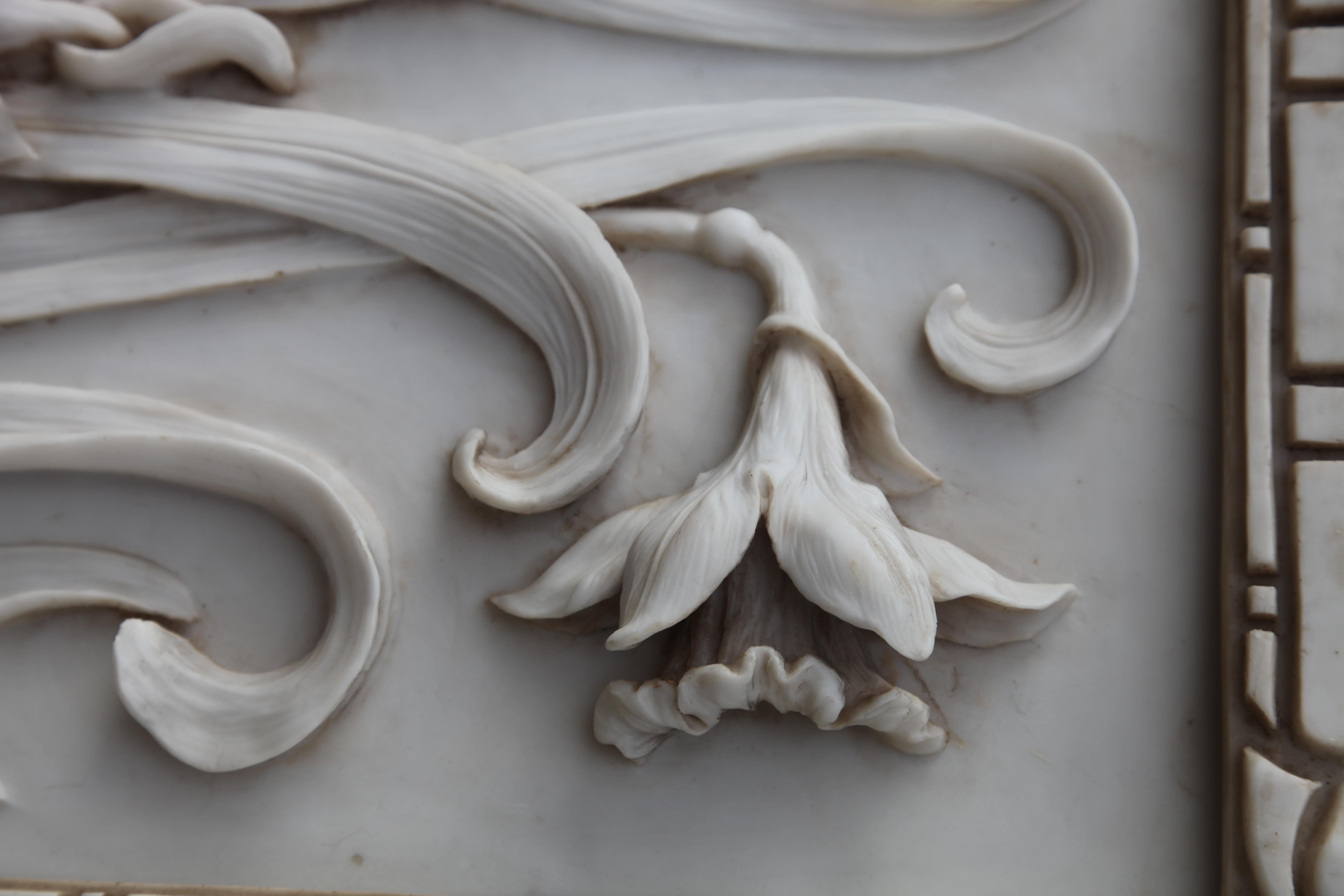 Hand-Carved Art Nouveau 3-D Alabaster Sculptural Panel with Foliage and Daffodils / Jonquils For Sale