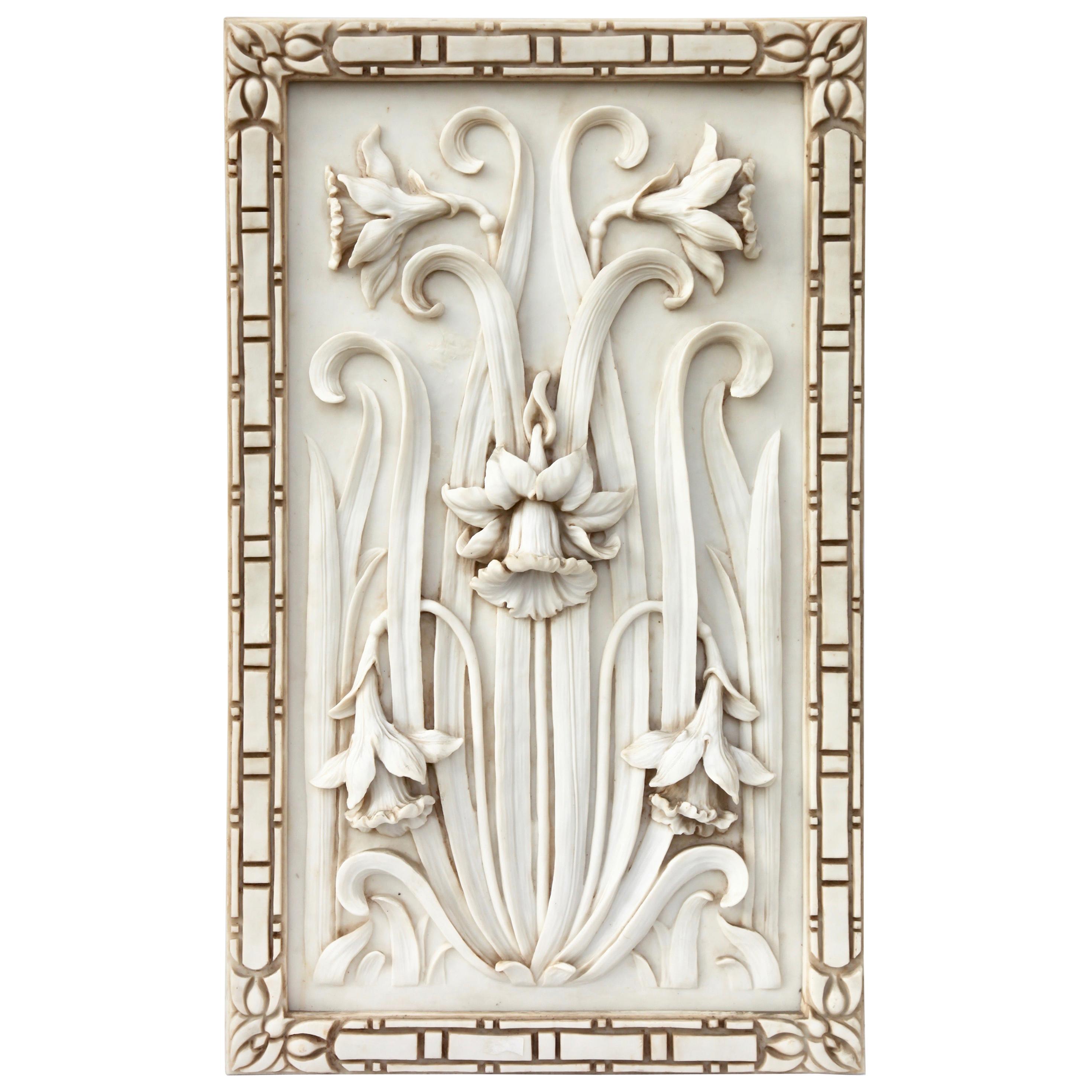 Art Nouveau 3-D Alabaster Sculptural Panel with Foliage and Daffodils / Jonquils