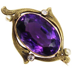 Art Nouveau 35 Carat Amethyst Diamond Gold Pearl Brooch