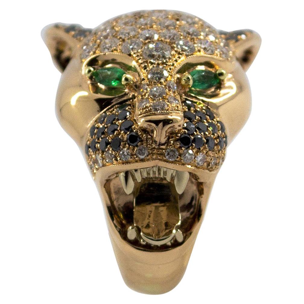 Art Nouveau 3.60 Carat White Diamond Emerald Yellow Gold "Tiger" Cocktail Ring