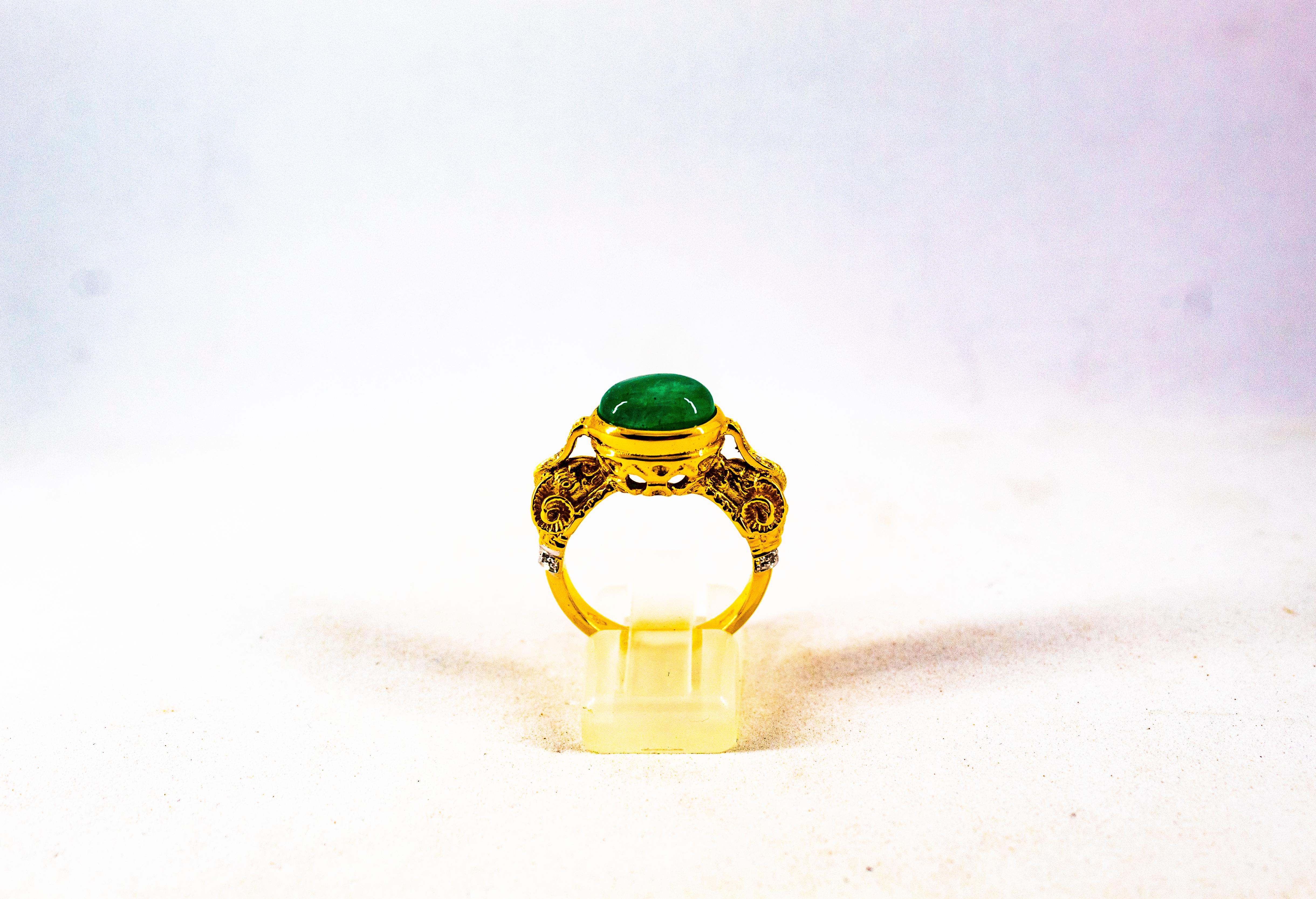 Art Nouveau 4.10 Carat White Diamond Cabochon Emerald Yellow Gold Cocktail Ring In New Condition In Naples, IT