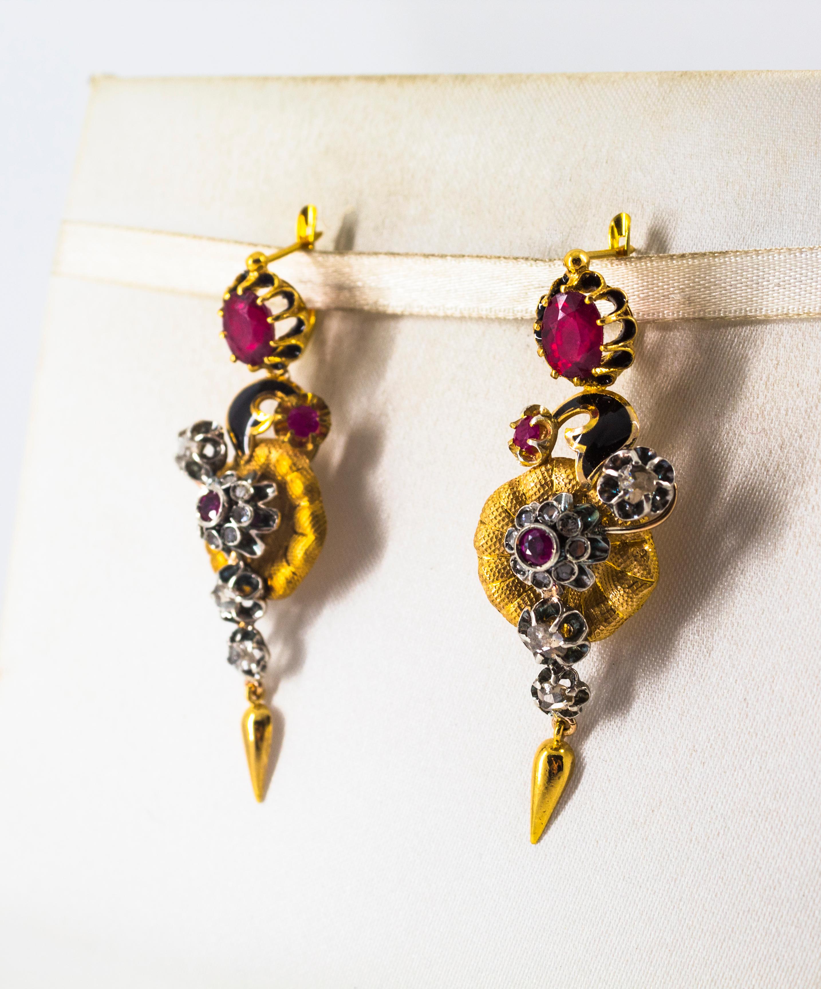 Art Nouveau 4.10 Carat White Rose Cut Diamond Ruby Yellow Gold Flowers Earrings In New Condition For Sale In Naples, IT