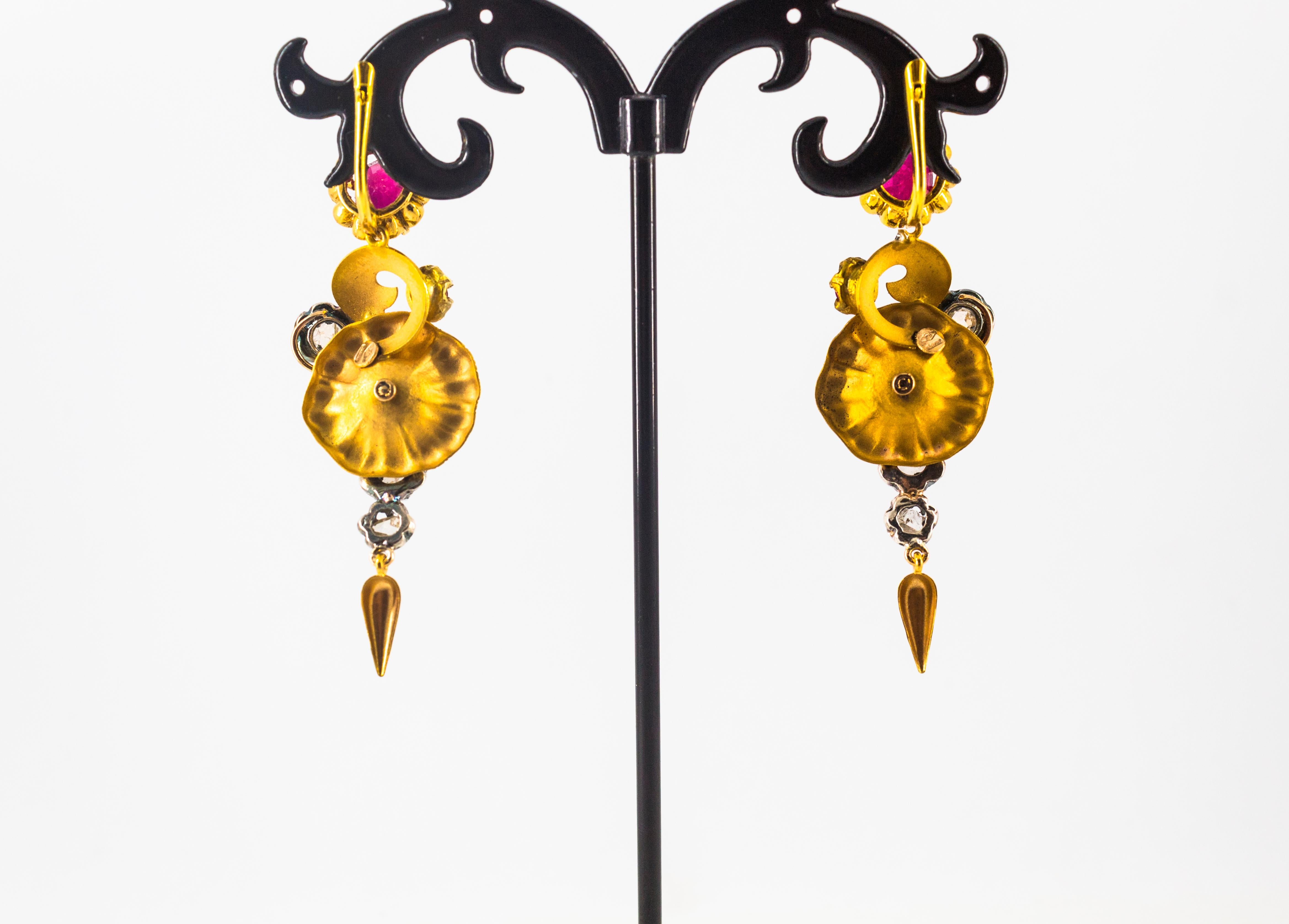 Art Nouveau 4.10 Carat White Rose Cut Diamond Ruby Yellow Gold Flowers Earrings For Sale 3