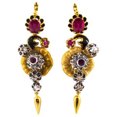 Vintage Art Nouveau 4.10 Carat White Rose Cut Diamond Ruby Yellow Gold Flowers Earrings