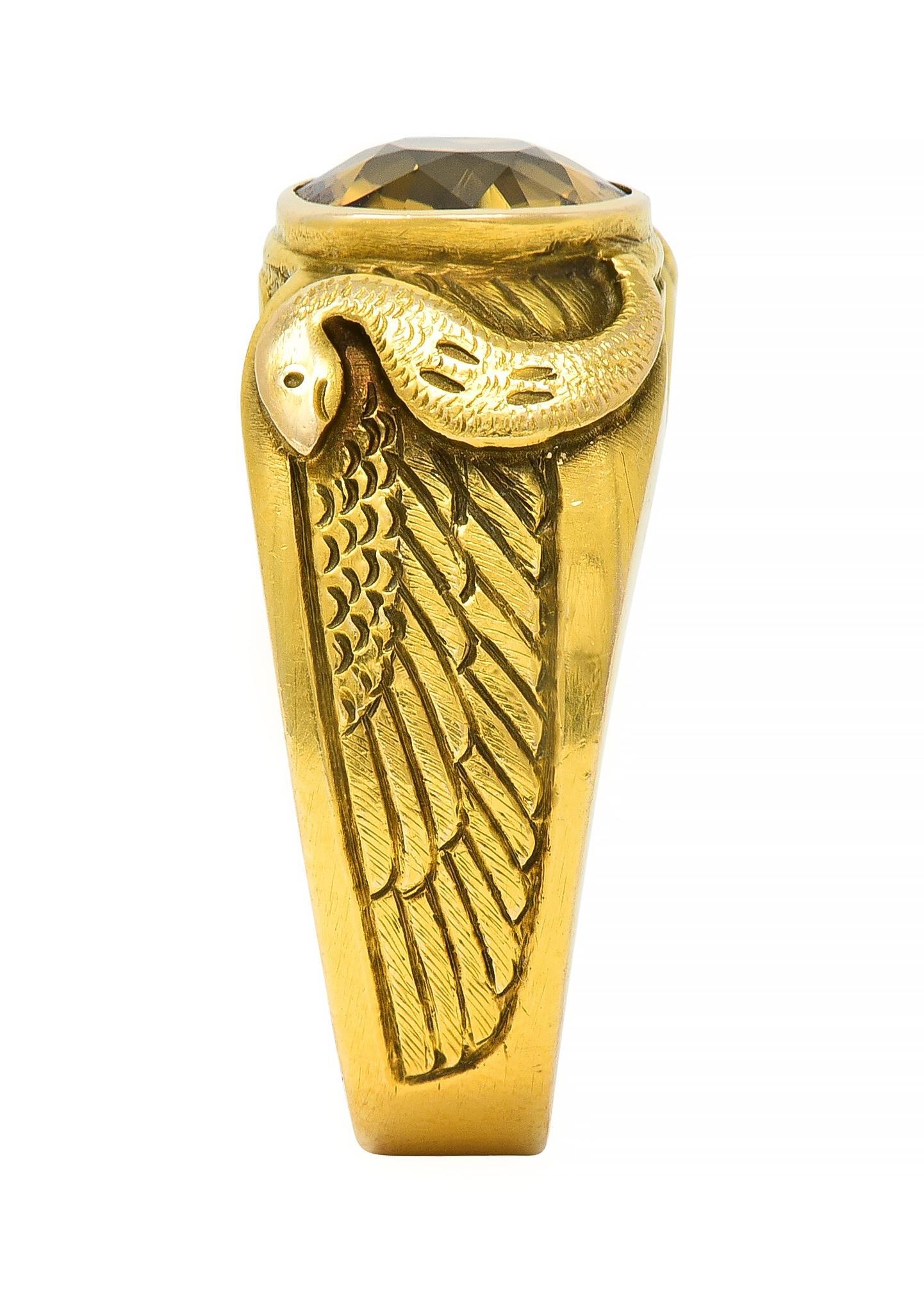 Art Nouveau 4.57 CTW Zircon 14 Karat Yellow Gold Winged Serpent Ring 5
