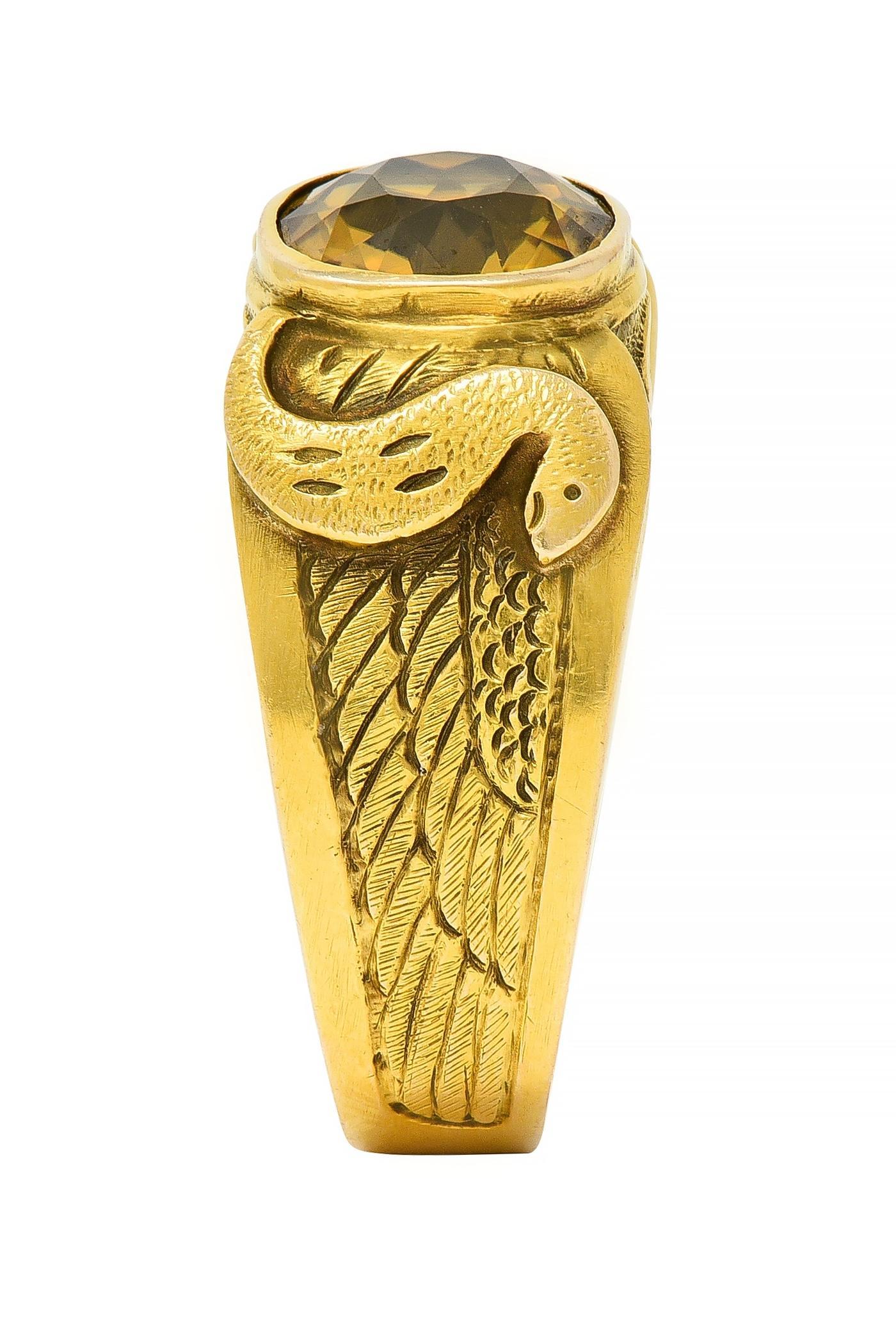 Art Nouveau 4.57 CTW Zircon 14 Karat Yellow Gold Winged Serpent Ring For Sale 6