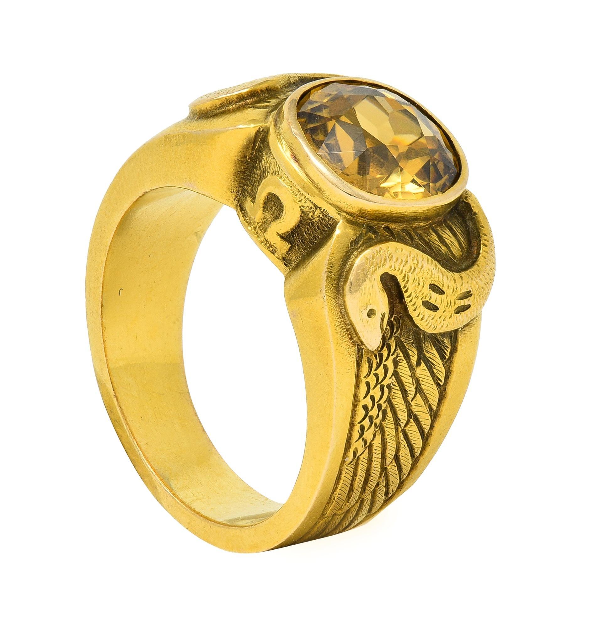 Art Nouveau 4.57 CTW Zircon 14 Karat Yellow Gold Winged Serpent Ring For Sale 7