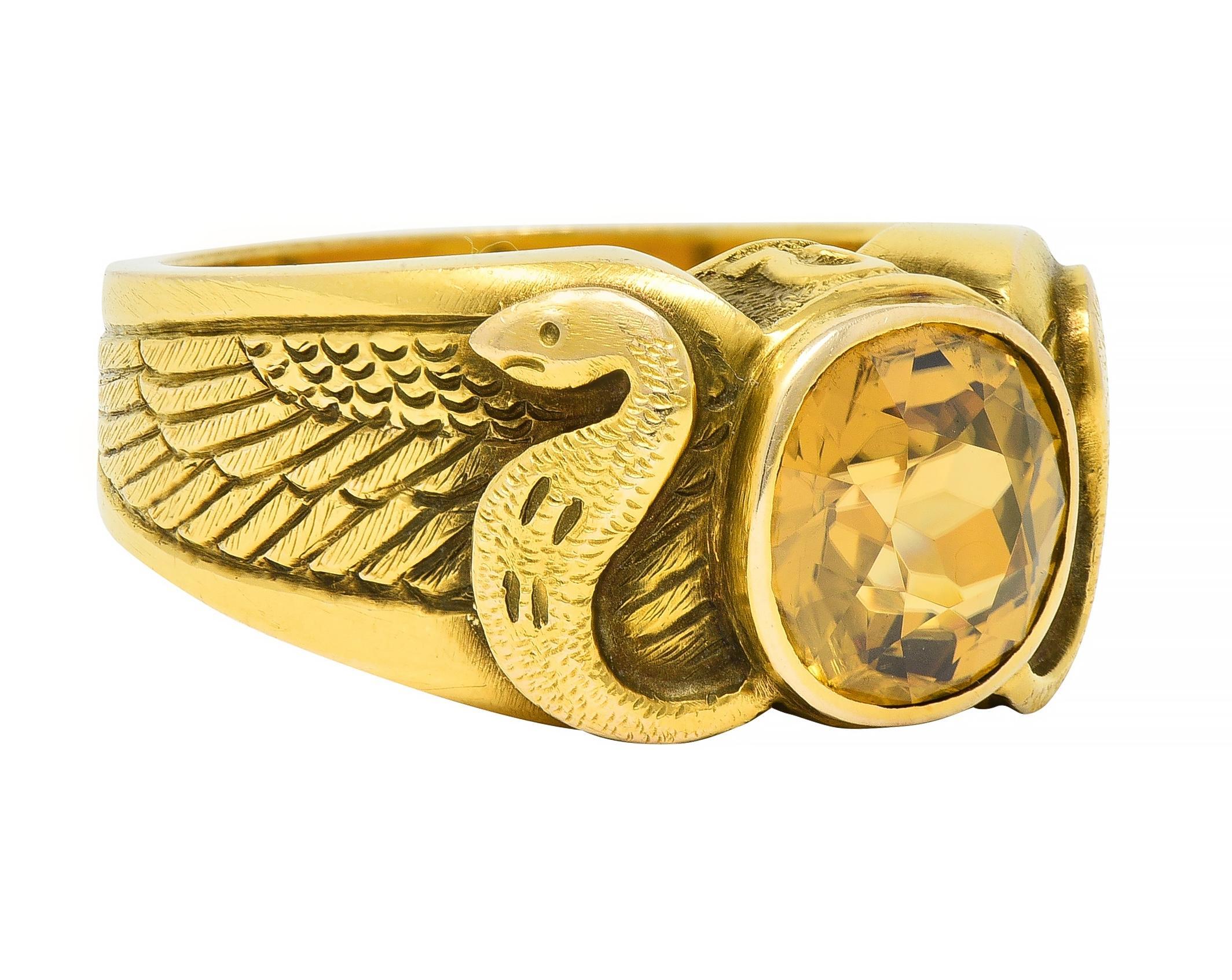 Cushion Cut Art Nouveau 4.57 CTW Zircon 14 Karat Yellow Gold Winged Serpent Ring For Sale