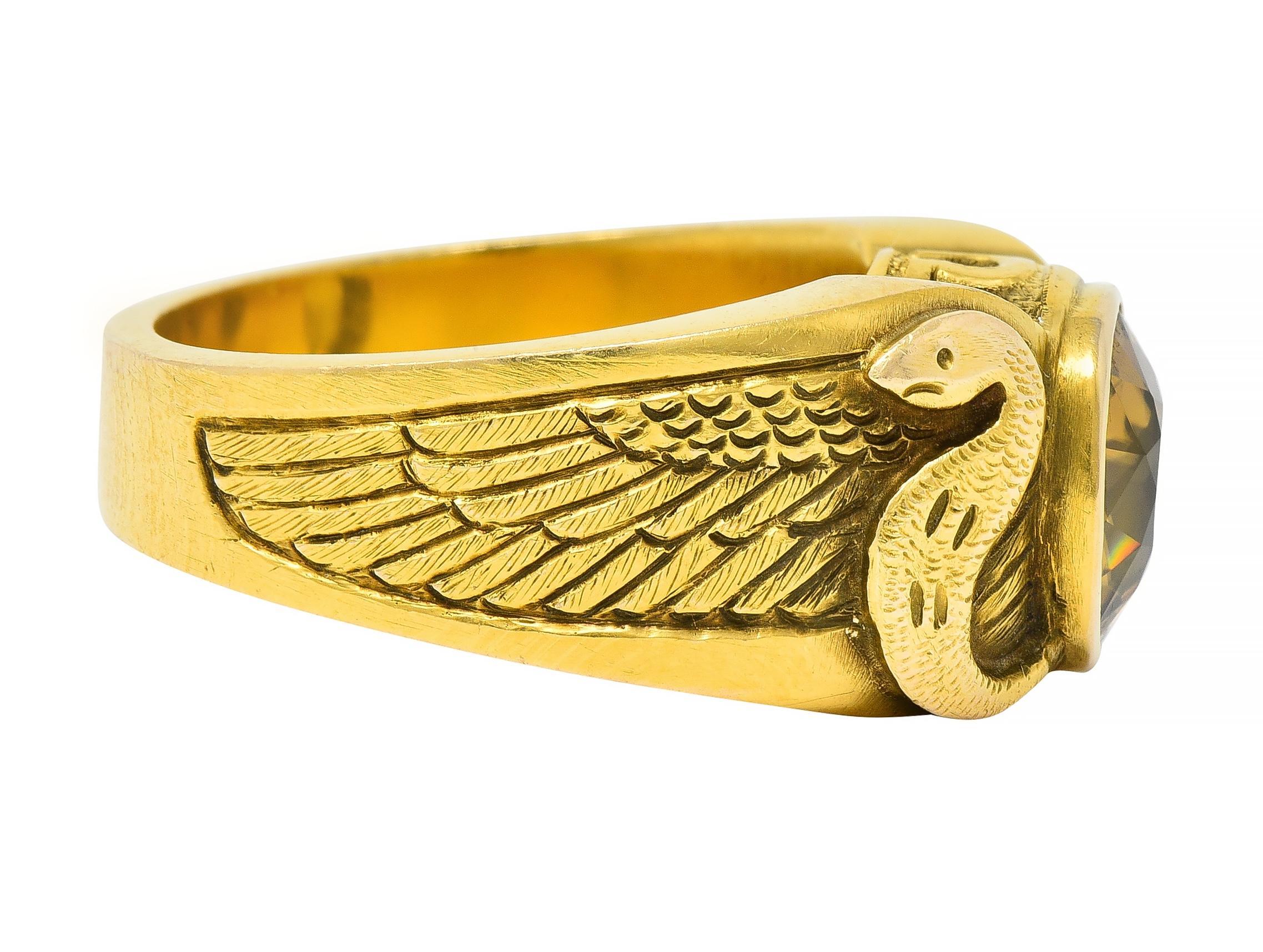 Art Nouveau 4.57 CTW Zircon 14 Karat Yellow Gold Winged Serpent Ring In Excellent Condition For Sale In Philadelphia, PA