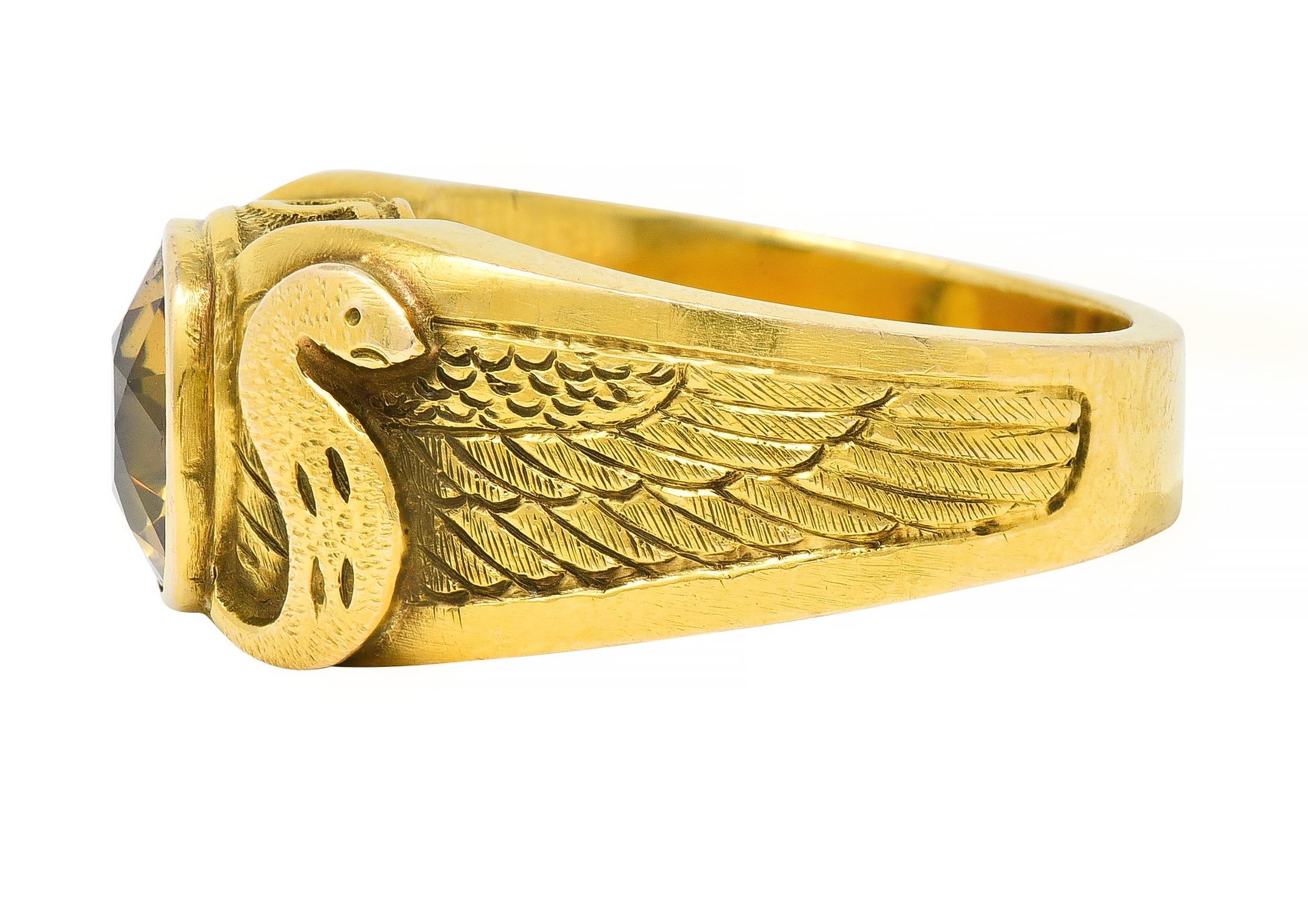 Art Nouveau 4.57 CTW Zircon 14 Karat Yellow Gold Winged Serpent Ring For Sale 1