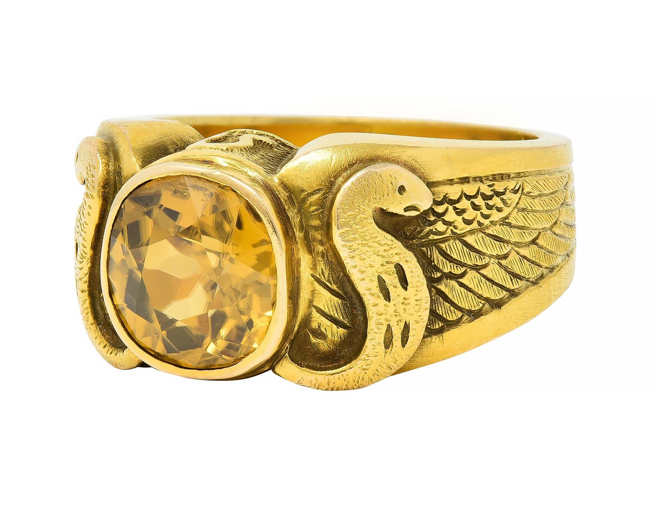 Art Nouveau 4.57 CTW Zircon 14 Karat Yellow Gold Winged Serpent Ring For Sale 2