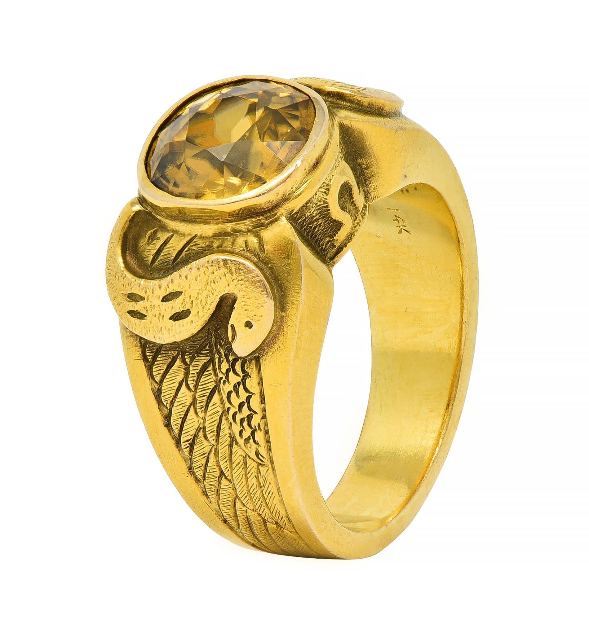 Art Nouveau 4.57 CTW Zircon 14 Karat Yellow Gold Winged Serpent Ring 3