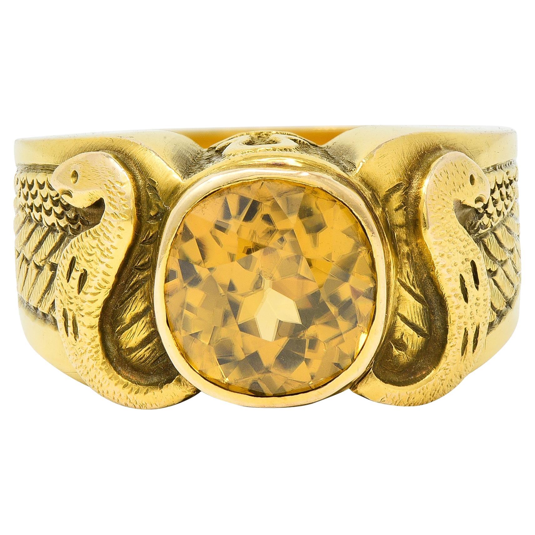 Art Nouveau 4.57 CTW Zircon 14 Karat Yellow Gold Winged Serpent Ring For Sale