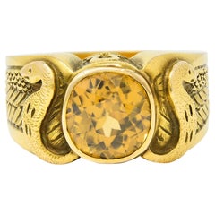 Bague serpent ailé Art nouveau en or jaune 14 carats avec zircon 4,57 carats poids total