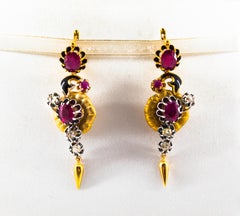 Art Nouveau 4.90 Carat White Rose Cut Diamond Ruby Yellow Gold Flowers Earrings