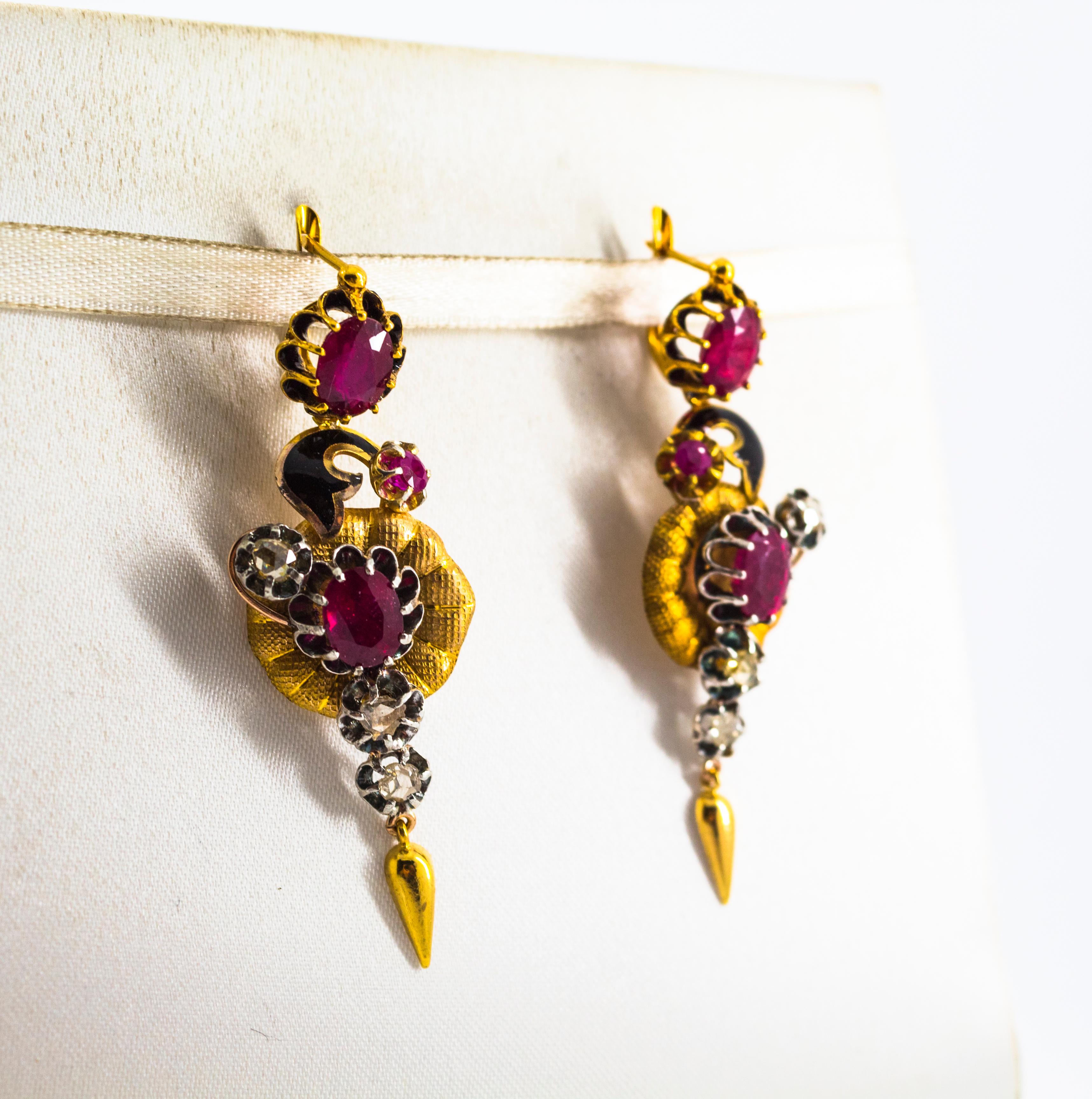 Art Nouveau 4.90 Carat White Rose Cut Diamond Ruby Yellow Gold Flowers Earrings In New Condition For Sale In Naples, IT
