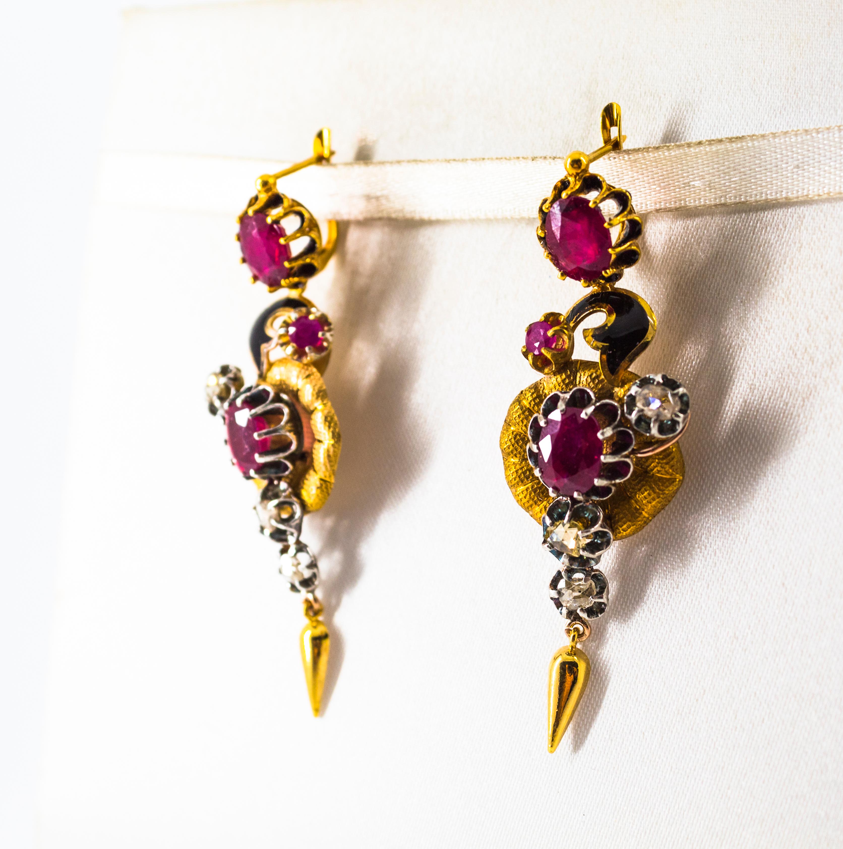 Women's or Men's Art Nouveau 4.90 Carat White Rose Cut Diamond Ruby Yellow Gold Flowers Earrings For Sale