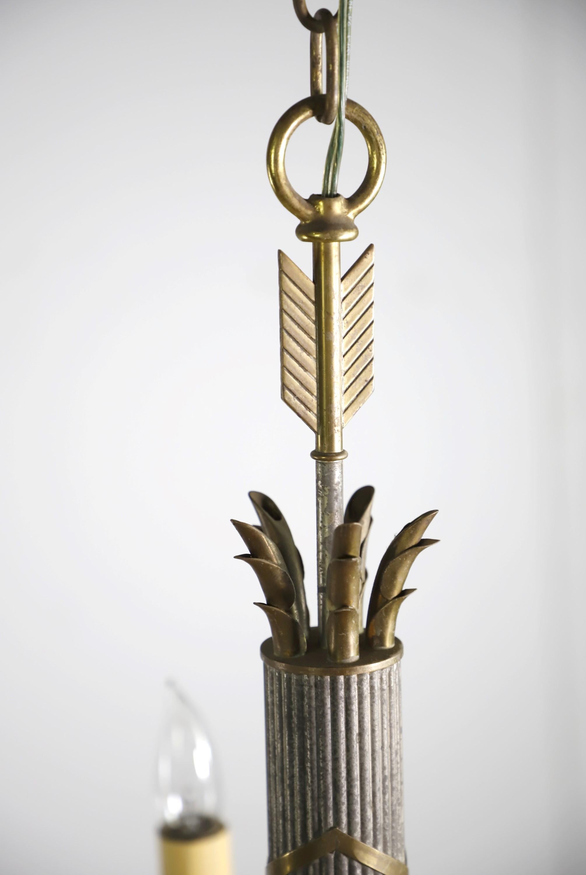 American Art Nouveau 5 Arm Nickel Plated Brass & Steel Chandelier For Sale