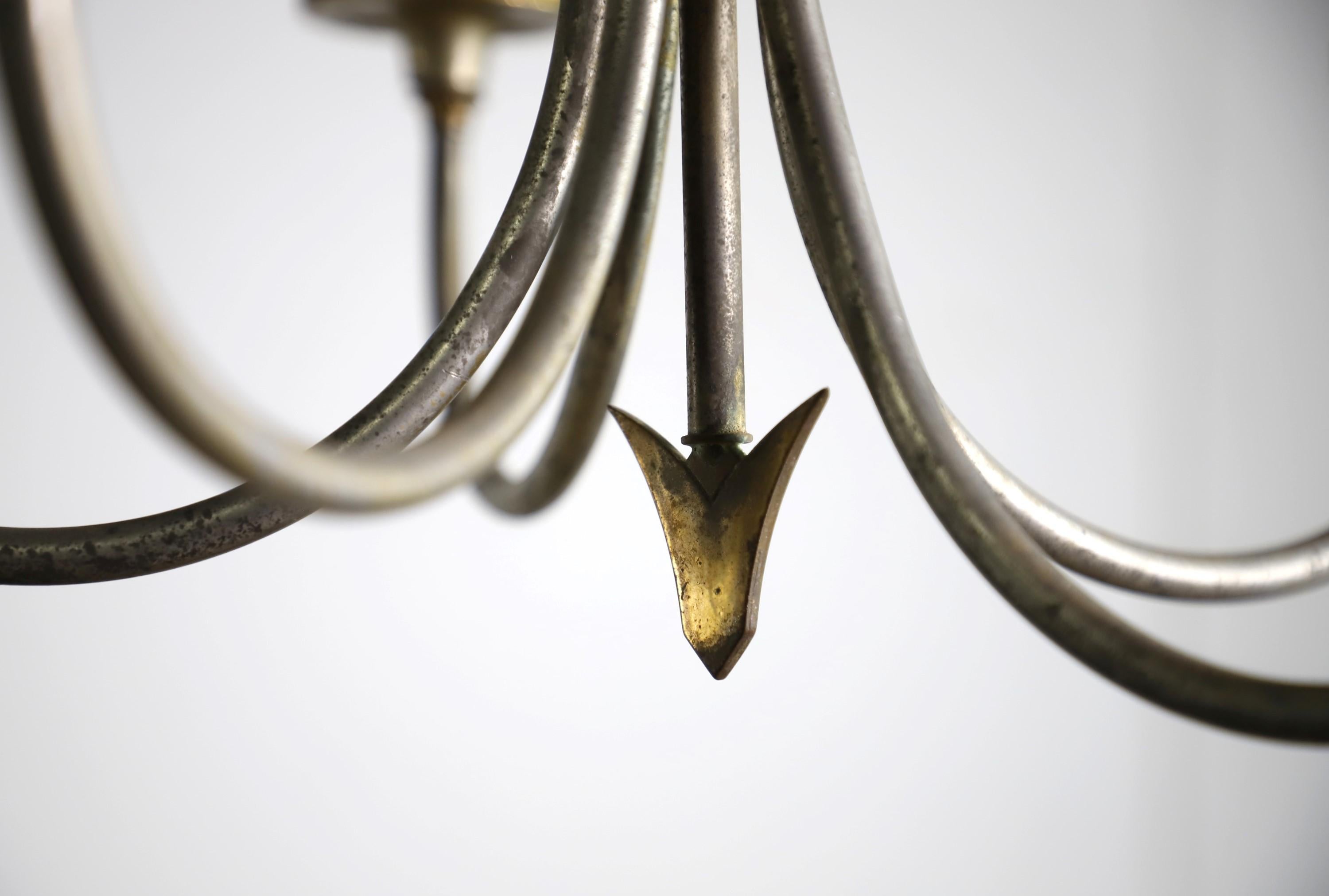 20th Century Art Nouveau 5 Arm Nickel Plated Brass & Steel Chandelier For Sale
