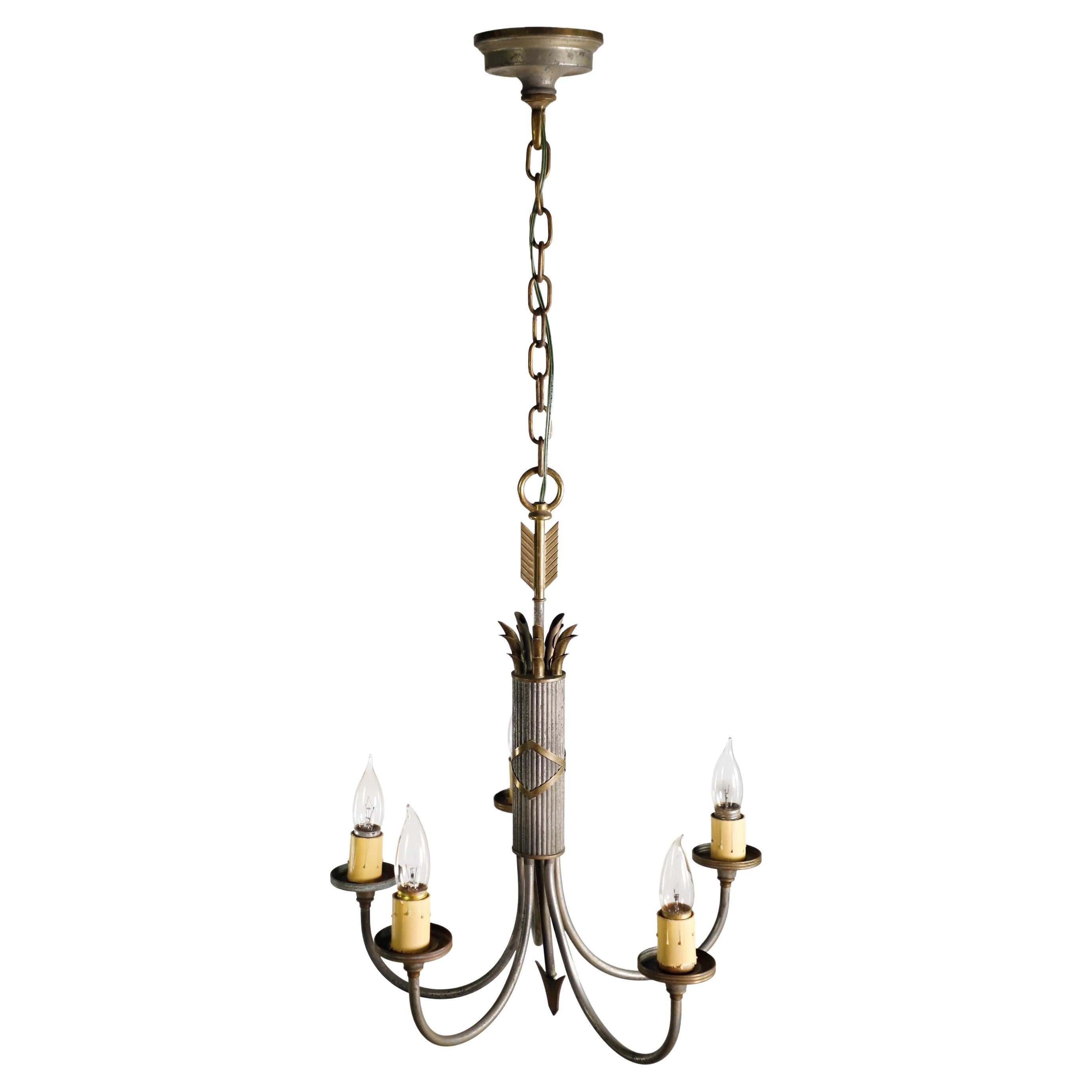 Art Nouveau 5 Arm Nickel Plated Brass & Steel Chandelier For Sale