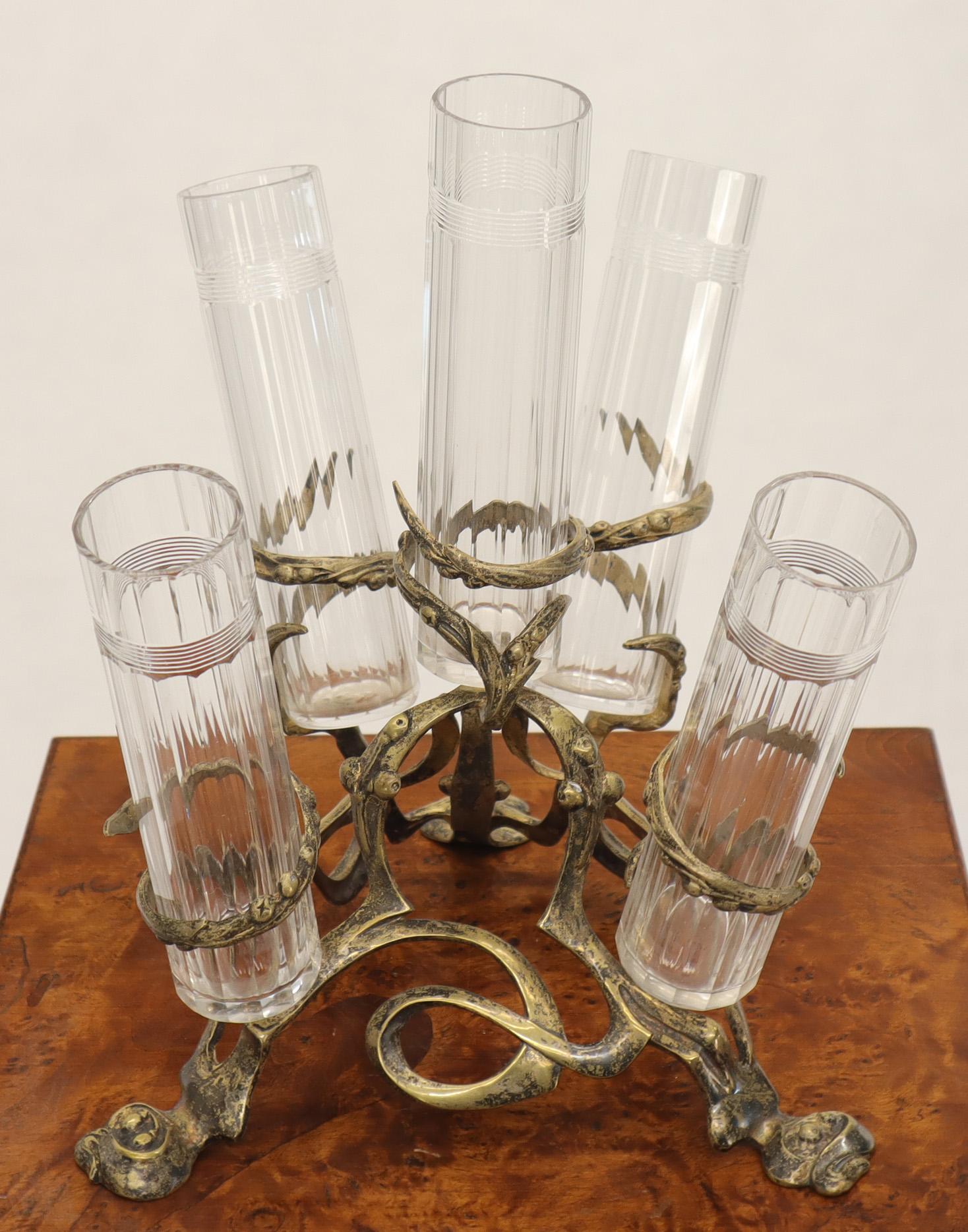 American Art Nouveau 5 Branches Center Piece Cut Glass Vases For Sale