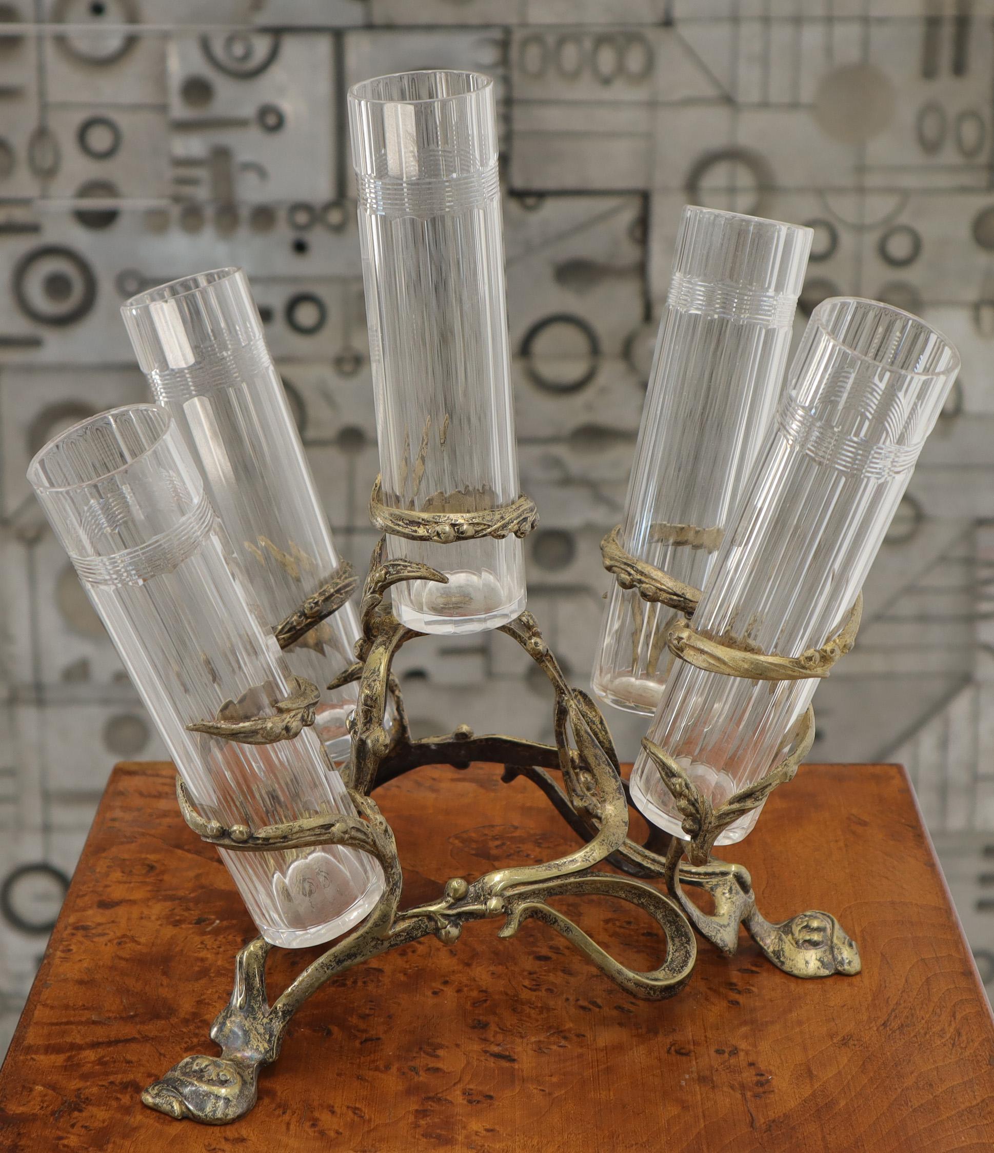 Art Nouveau 5 Branches Center Piece Cut Glass Vases In Excellent Condition For Sale In Rockaway, NJ