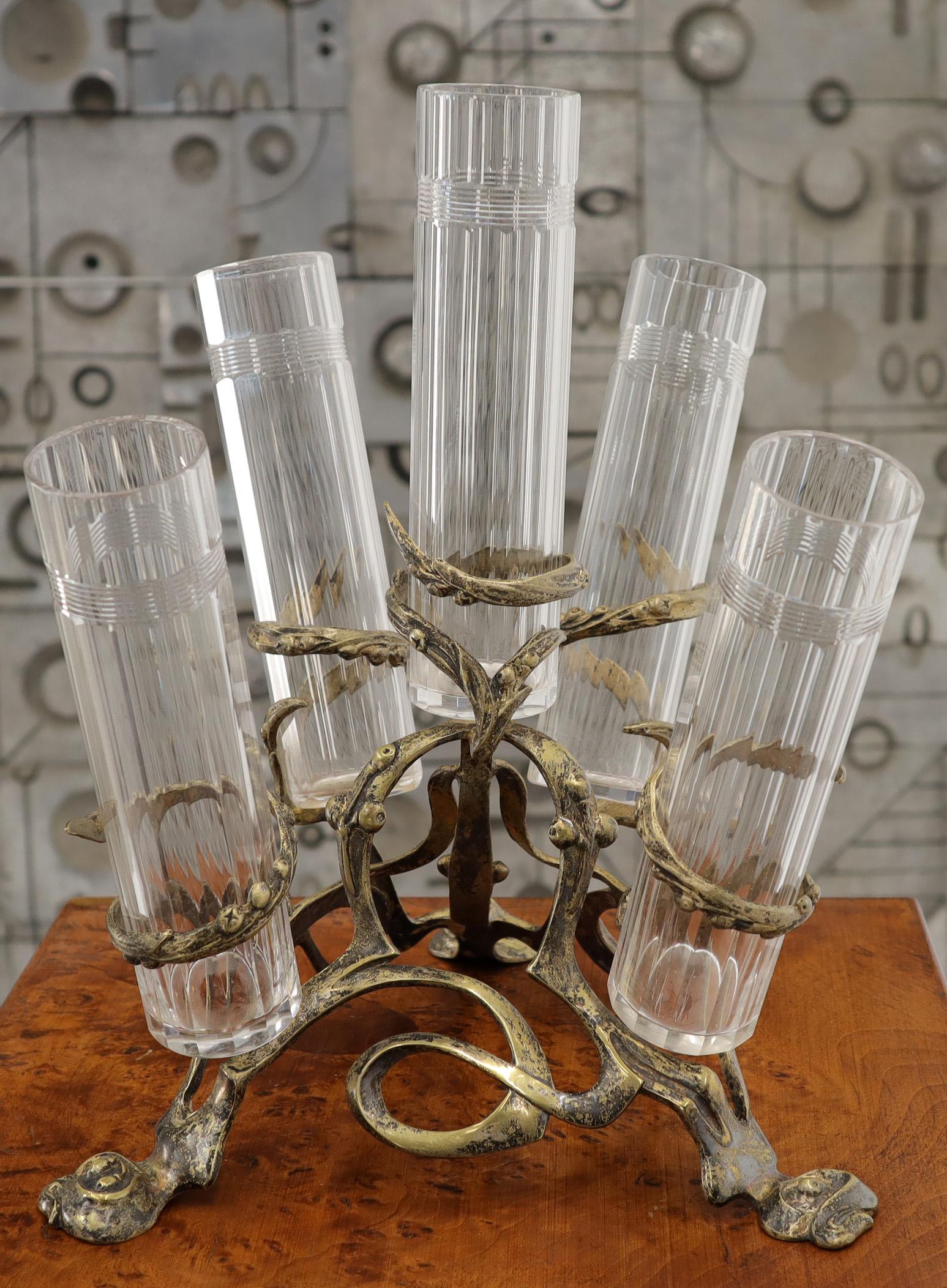 20th Century Art Nouveau 5 Branches Center Piece Cut Glass Vases For Sale