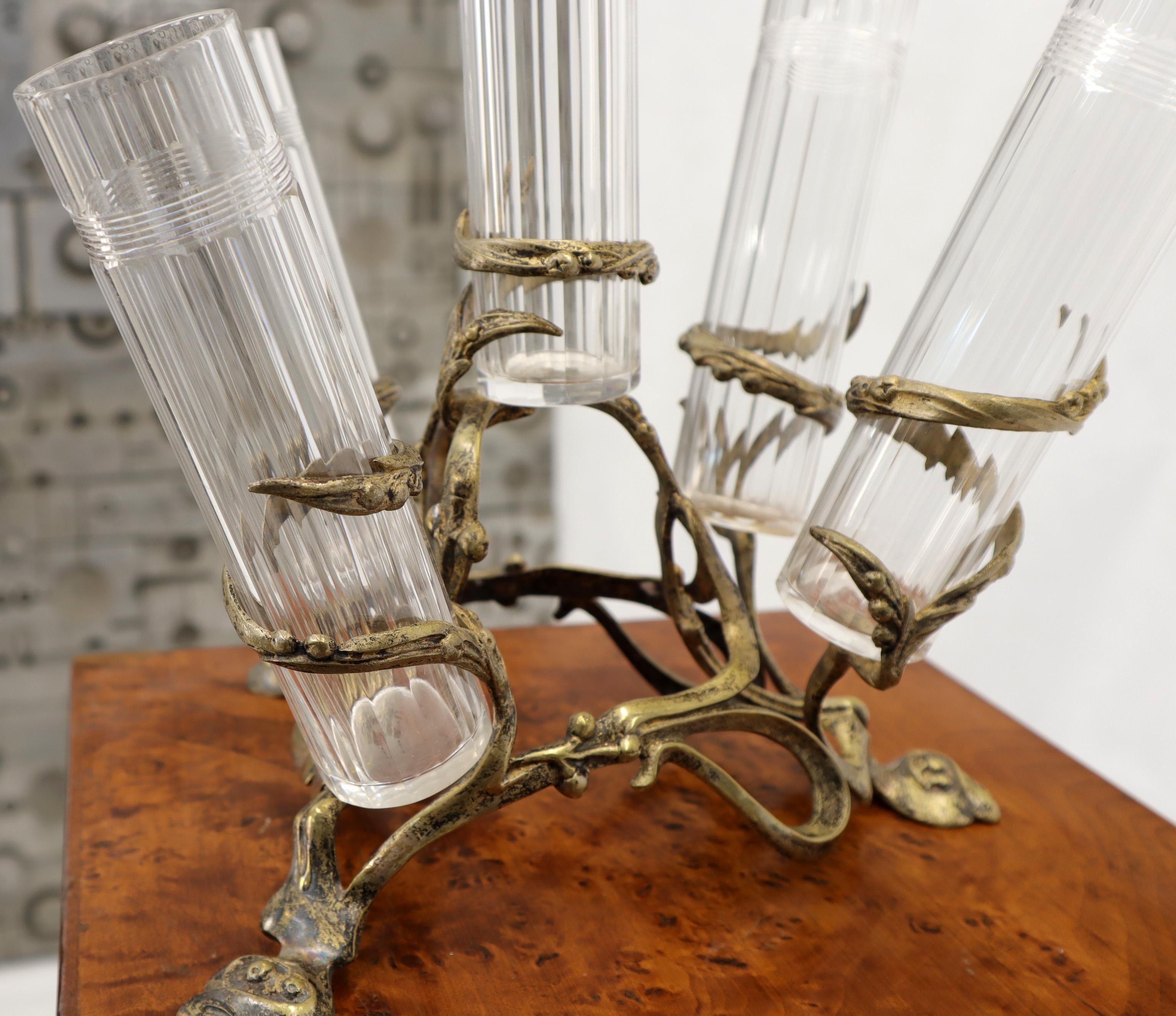 Art Nouveau 5 Branches Center Piece Cut Glass Vases For Sale 1