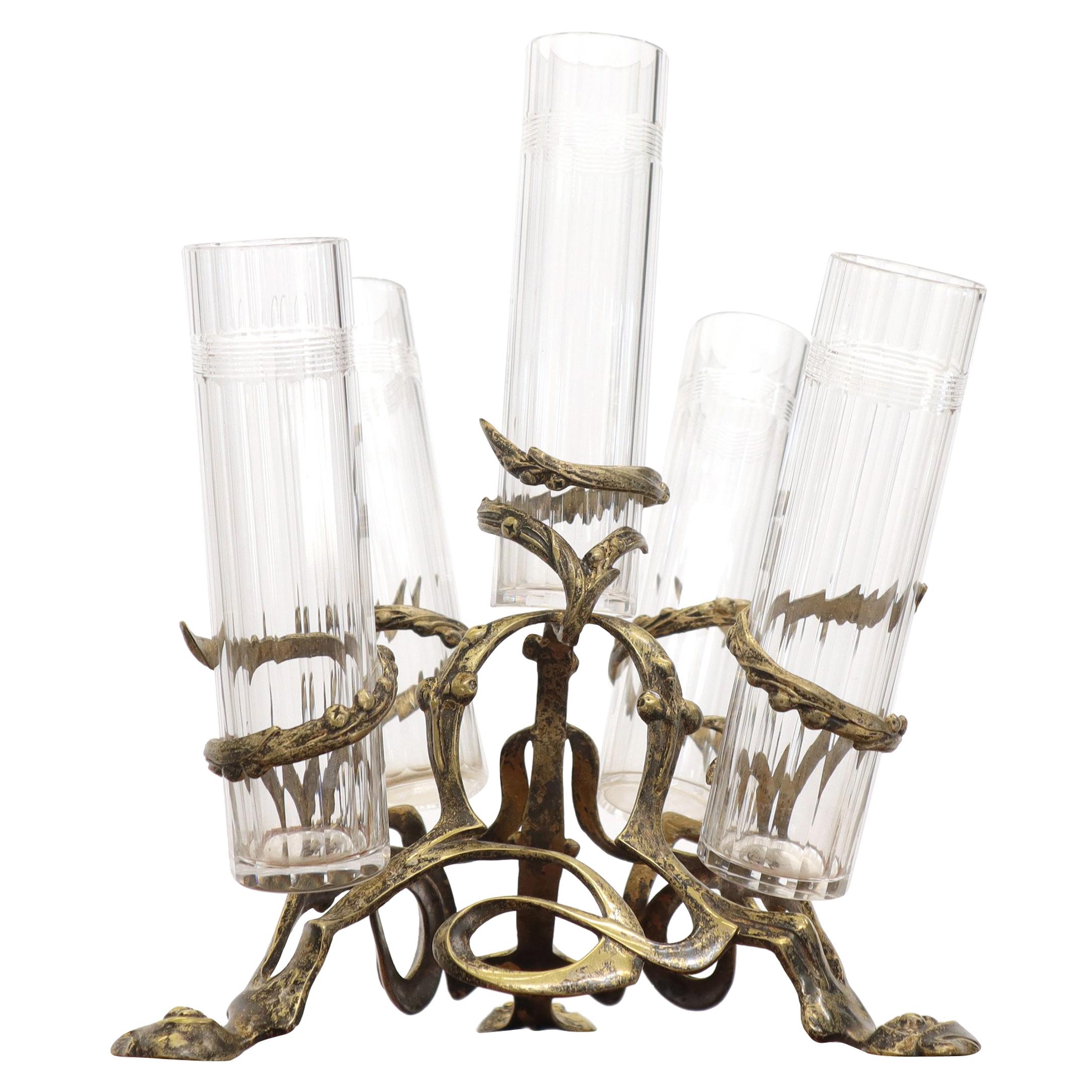 Vases en verre taillé Art Nouveau à 5 branches pour pièce centrale