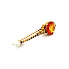 Jugendstil 5 Karat runder Citrin Emaille und Perle Gold Vintage Jabot Brosche Pin