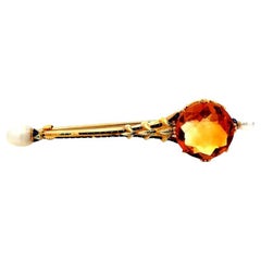 Art Nouveau 5 Carat Round Citrine Enamel and Pearl Gold Antique Jabot Brooch Pin