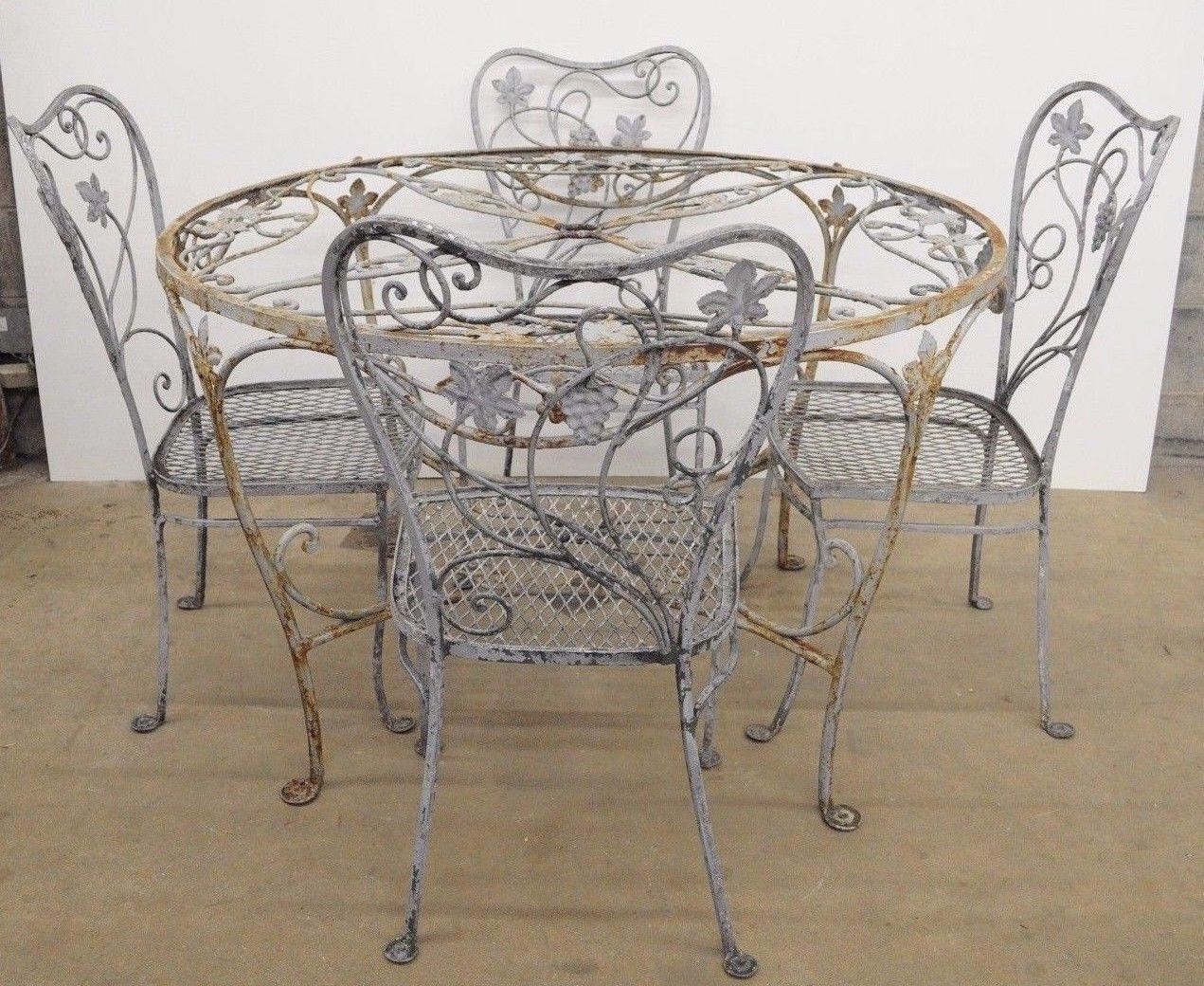 Art Nouveau 5 Pc Wrought Iron Patio Dining Set Round Table 4 Chair Salterini 4