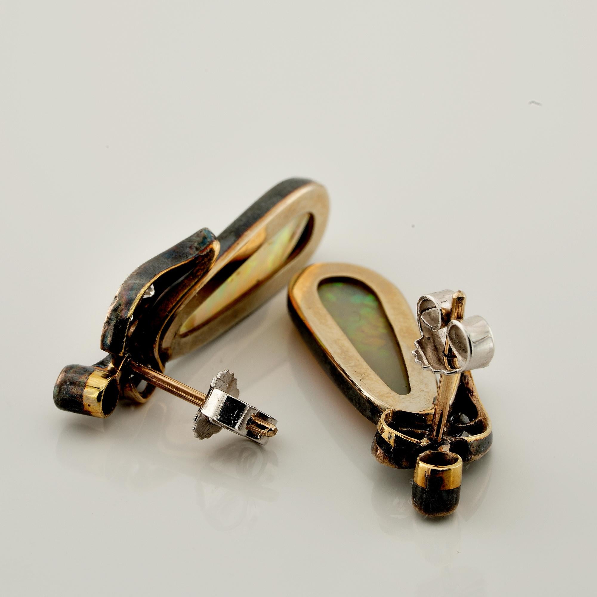 Cabochon Art Nouveau 5.0 Ct Natural Opal .50 Ct Old Cut Diamond Leaf earrings For Sale