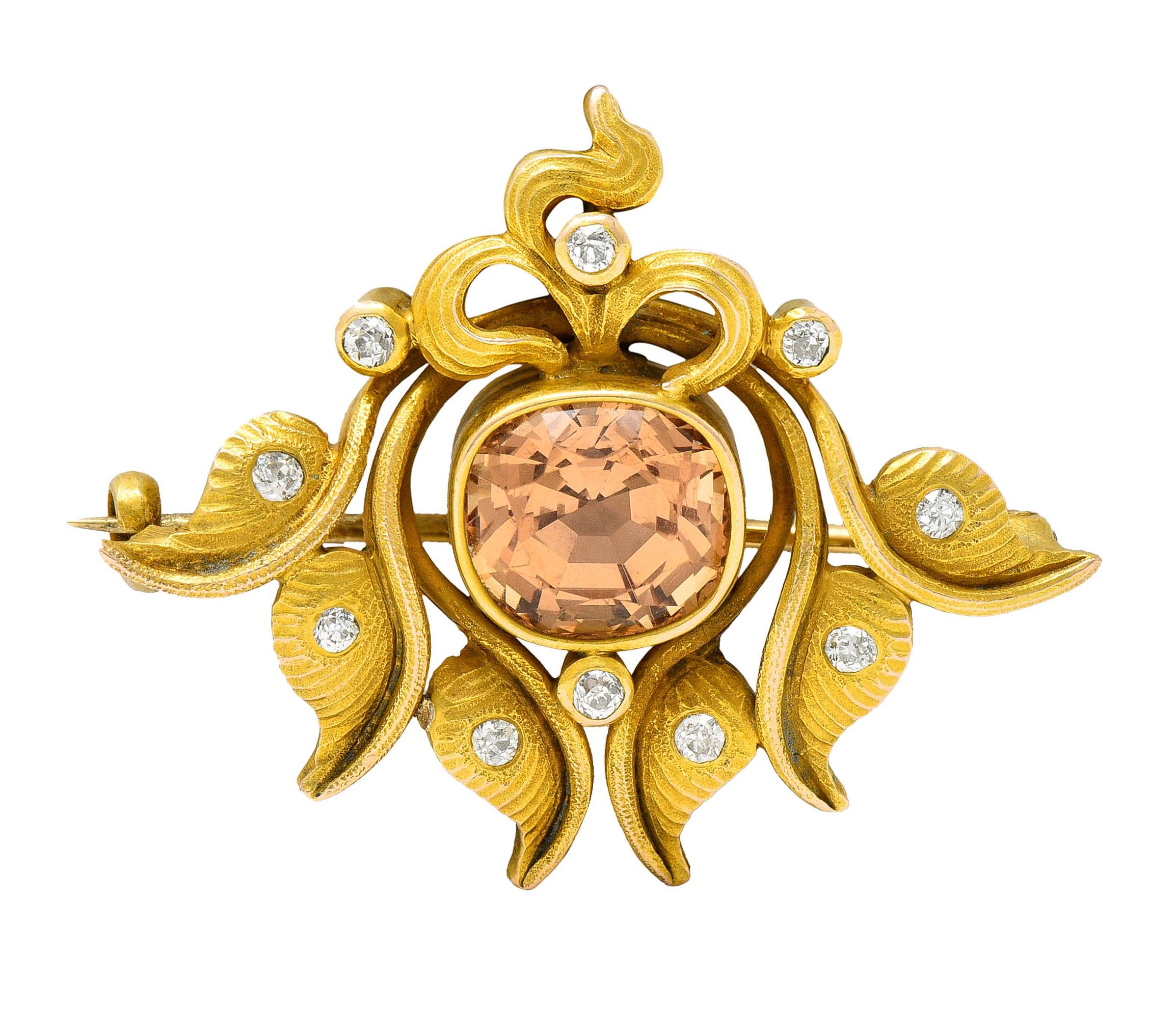 Women's or Men's Art Nouveau 5.05 Carats Imperial Topaz Diamond 14 Karat Gold Foliate Brooch