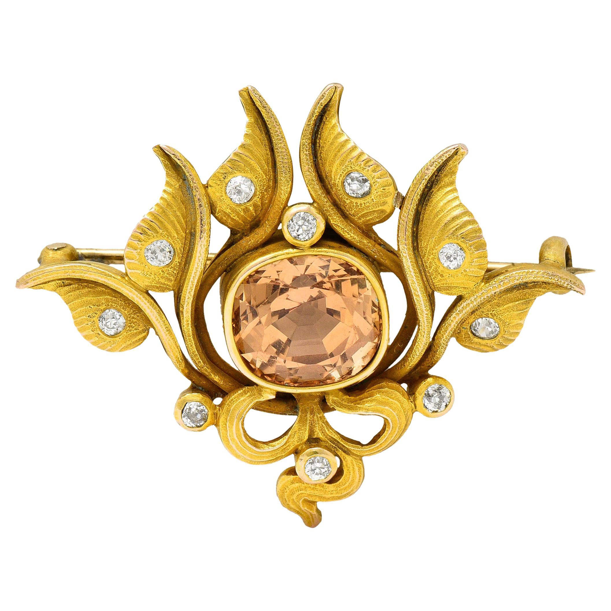 Art Nouveau 5.05 Carats Imperial Topaz Diamond 14 Karat Gold Foliate Brooch