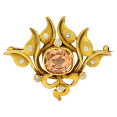 Antique Art Nouveau 5.05 Carats Imperial Topaz Diamond 14 Karat Gold Foliate Brooch