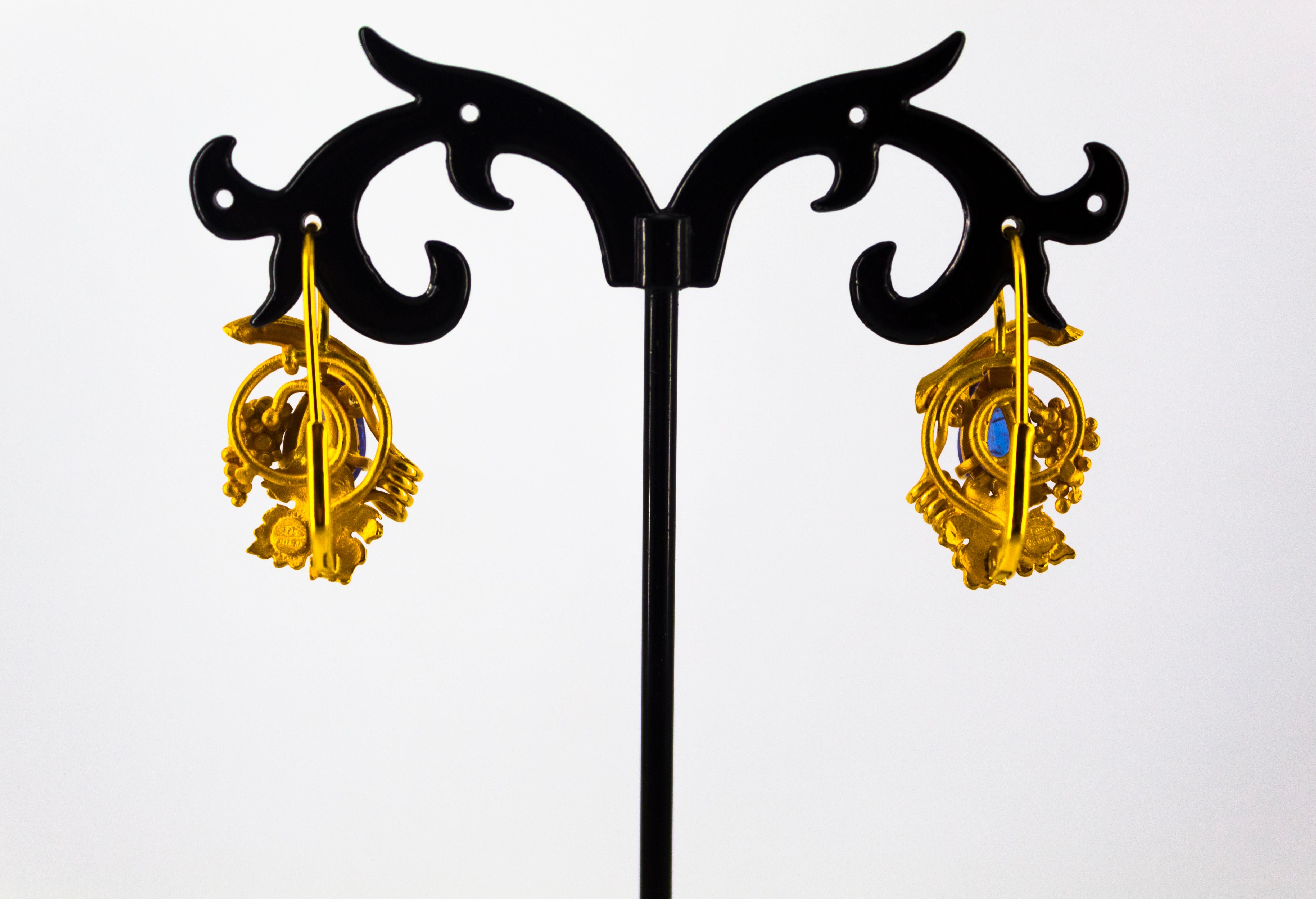 Boucles d'oreilles Art Nouveau 5.12 Carat White Diamond Tanzanite Yellow Gold Lever-Back en vente 7